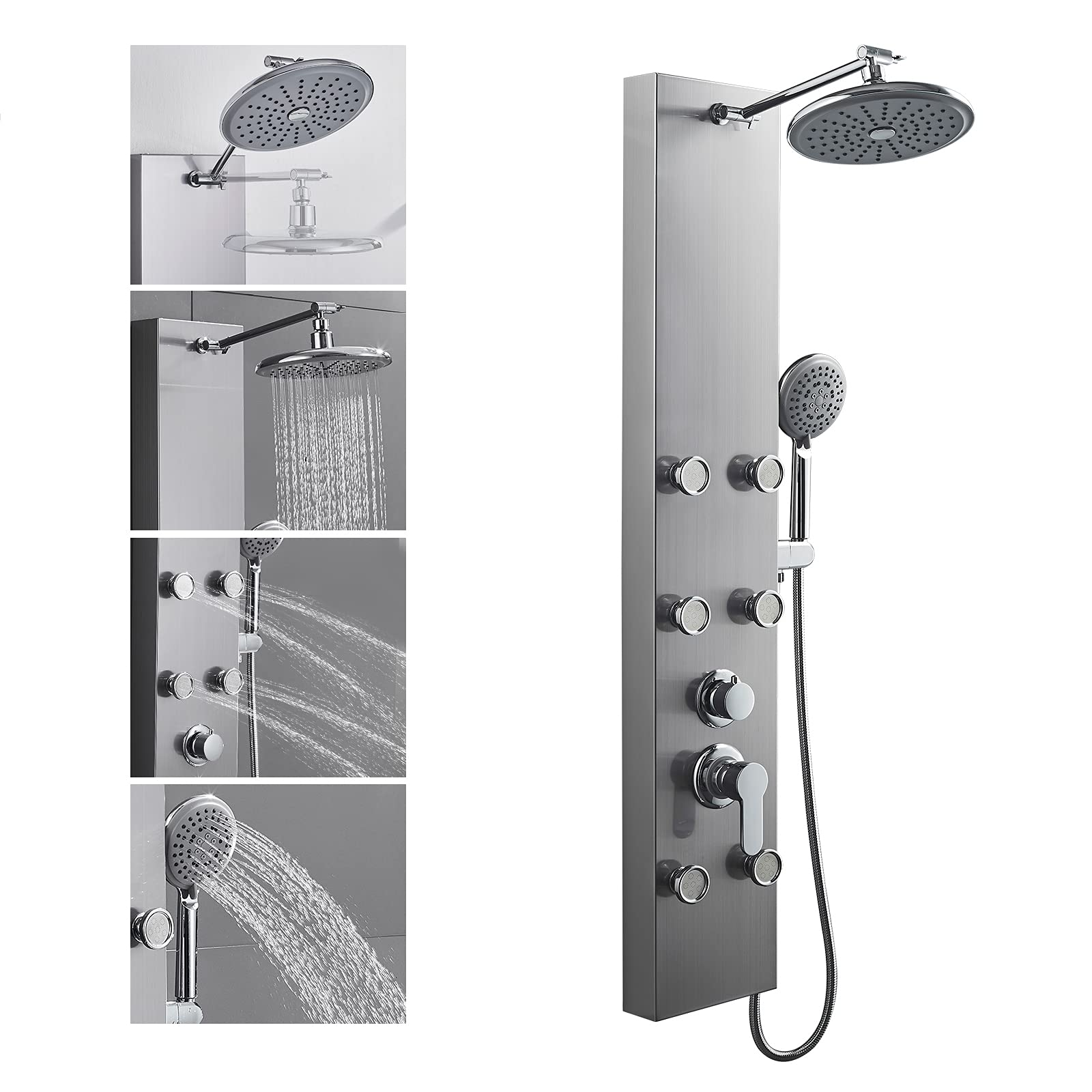 ROVOGO 304 Stainless Steel Shower Panel System - 8 Inch Rainfall Shower Head, 6 Body Jets & 5-Setting Handheld Shower Wand, Adjustable Shower Tower for Luxurious Bathroom Upgrade - Perfect for Master Bath, Spa-Like Experience & Modern Home Renovation