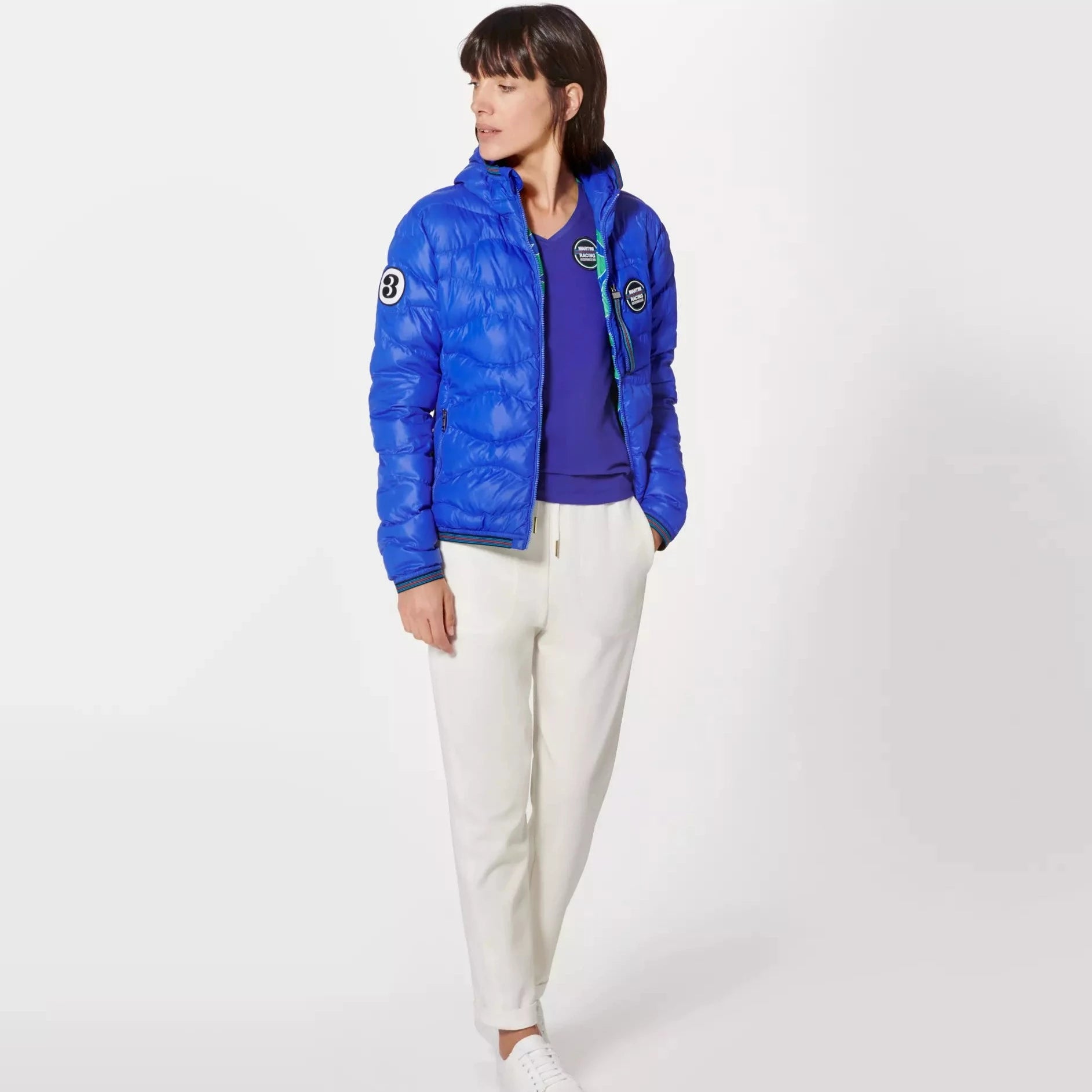 Porsche Women's Reversible Quilted Jacket - Martini Racing Design, Lightweight Winter Coat for Outdoor Activities, Fashionable Outerwear for Driving, Travel & Casual Wear