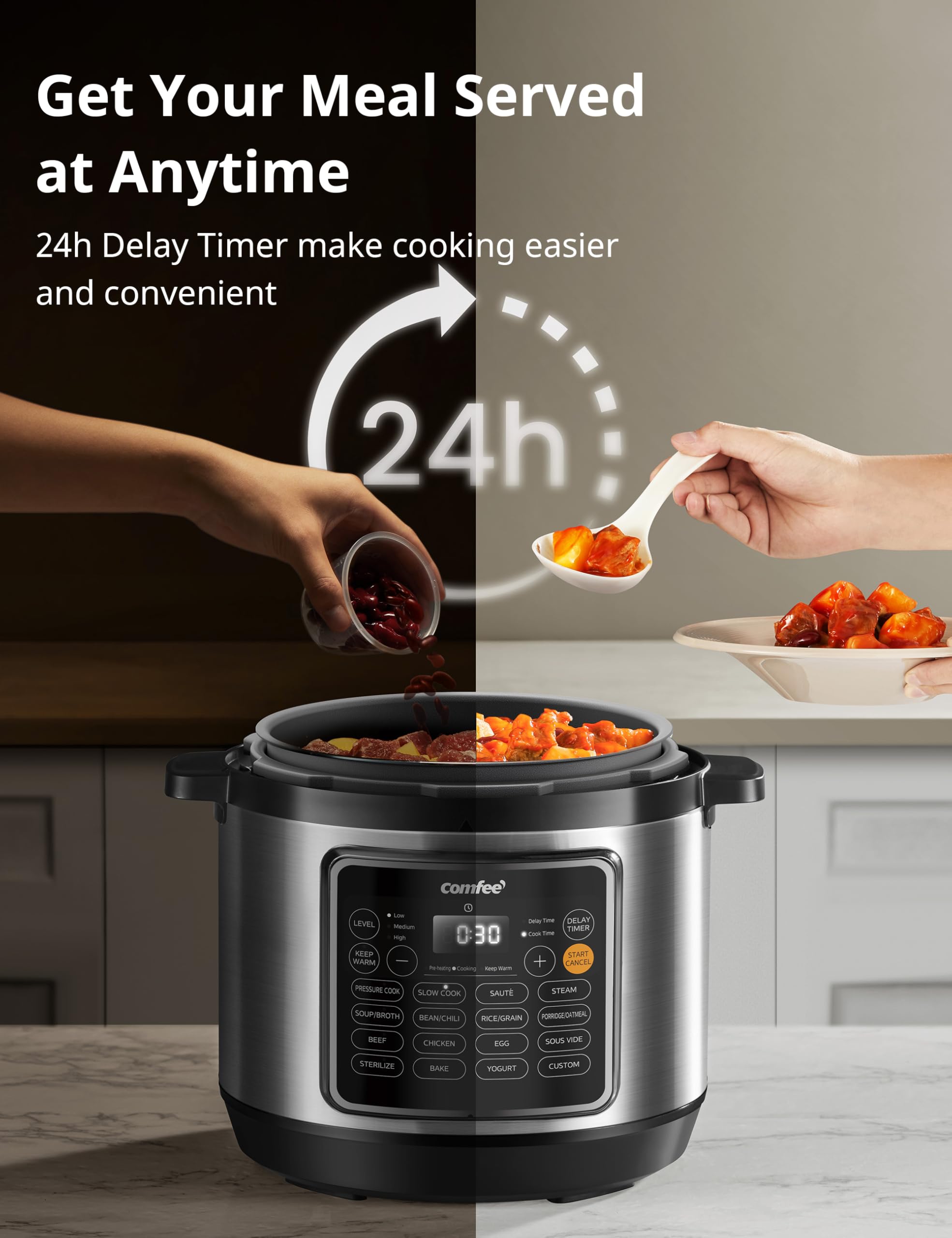 COMFEE’ 8 Quart Electric Pressure Cooker with 16-in-1 Multi-Cooker Functions, Non-Stick Ceramic Inner Pot for Rice, Yogurt, Slow Cooking & Sautéing - Perfect for Meal Prep, Family Dinners & Healthy Cooking