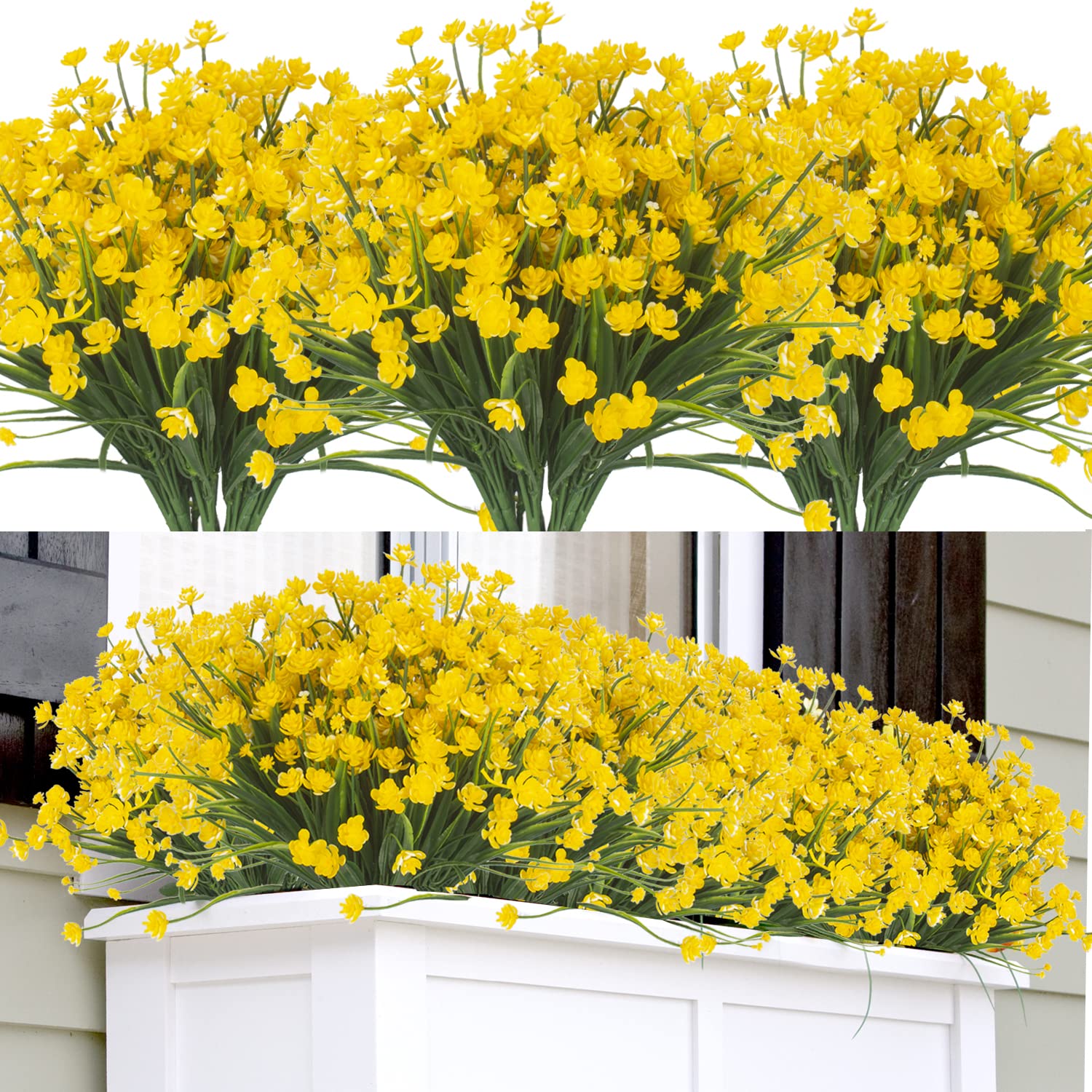 12 Bundles UV Resistant Artificial Fake Flowers - Outdoor/Indoor Hanging Planter Greenery Shrubs Plants for Home Garden Décor (Yellow) | Perfect for Porch, Patio, Wedding & Party Decoration