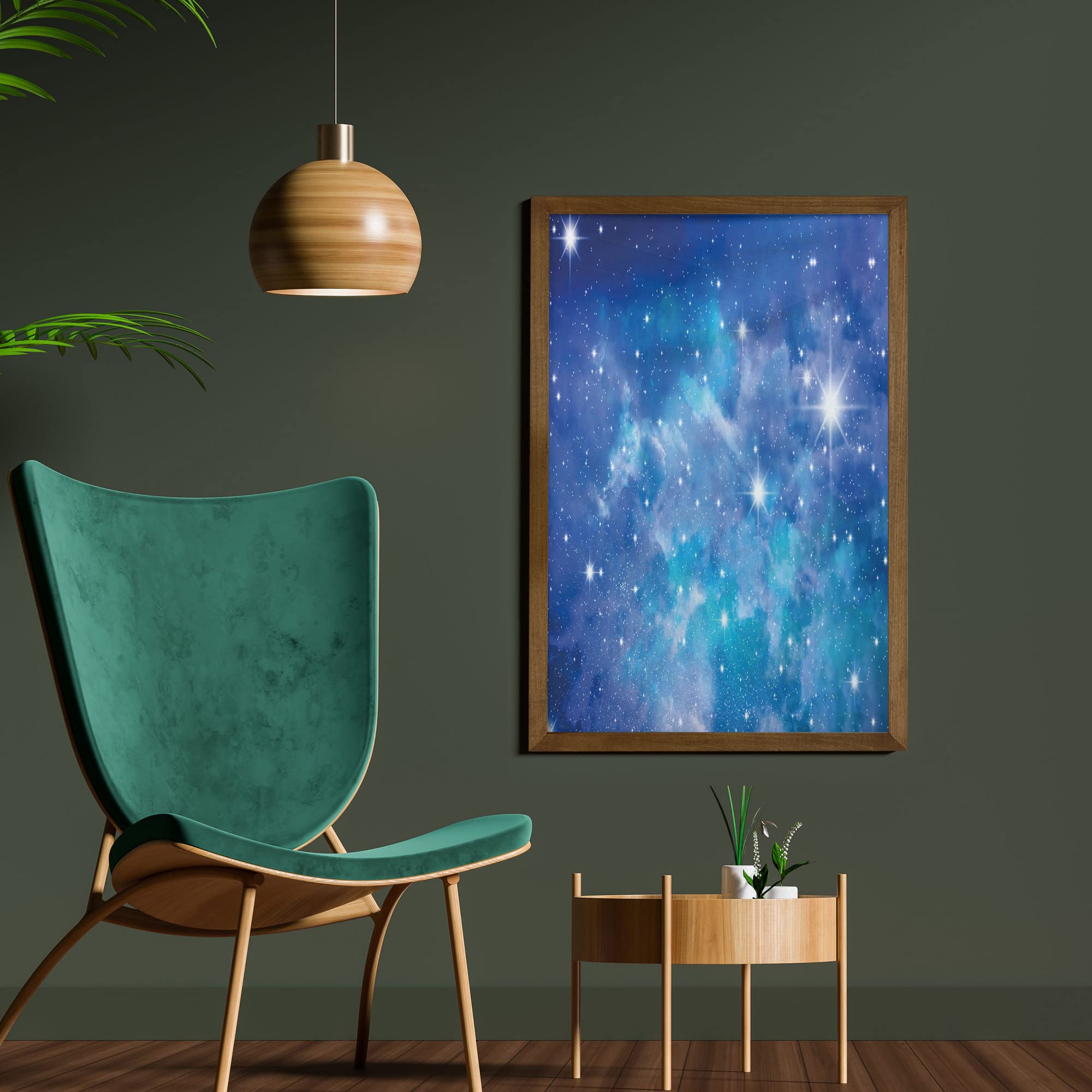 Ambesonne Space Themed Framed Wall Art - Vibrant Star Clusters & Constellation Print on Fabric with Teak Wood Frame (23