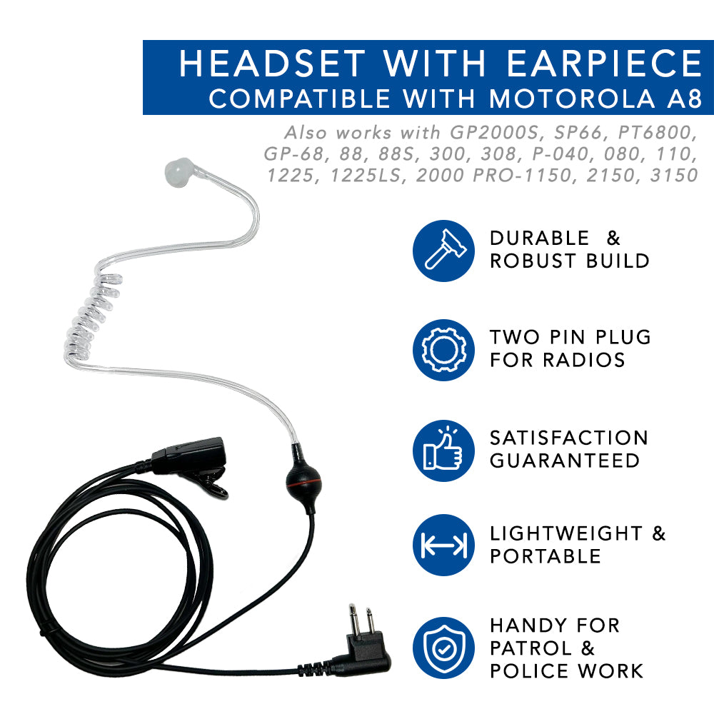 Motorola Two-Way Radio Headset - Compatible with A8, GP2000S, SP66, PT6800 & GP68 Models - Durable Communication Headset for Construction, Security & Outdoor Activities