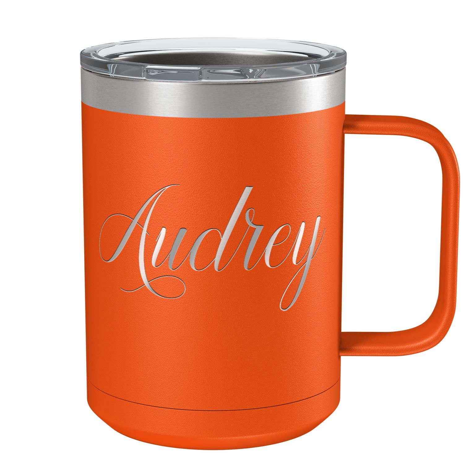 Custom Engraved 15 oz Orange Matte Stainless Steel Vacuum Insulated Coffee Mug - Personalized Gift with Handle for Office, Travel & Home Use