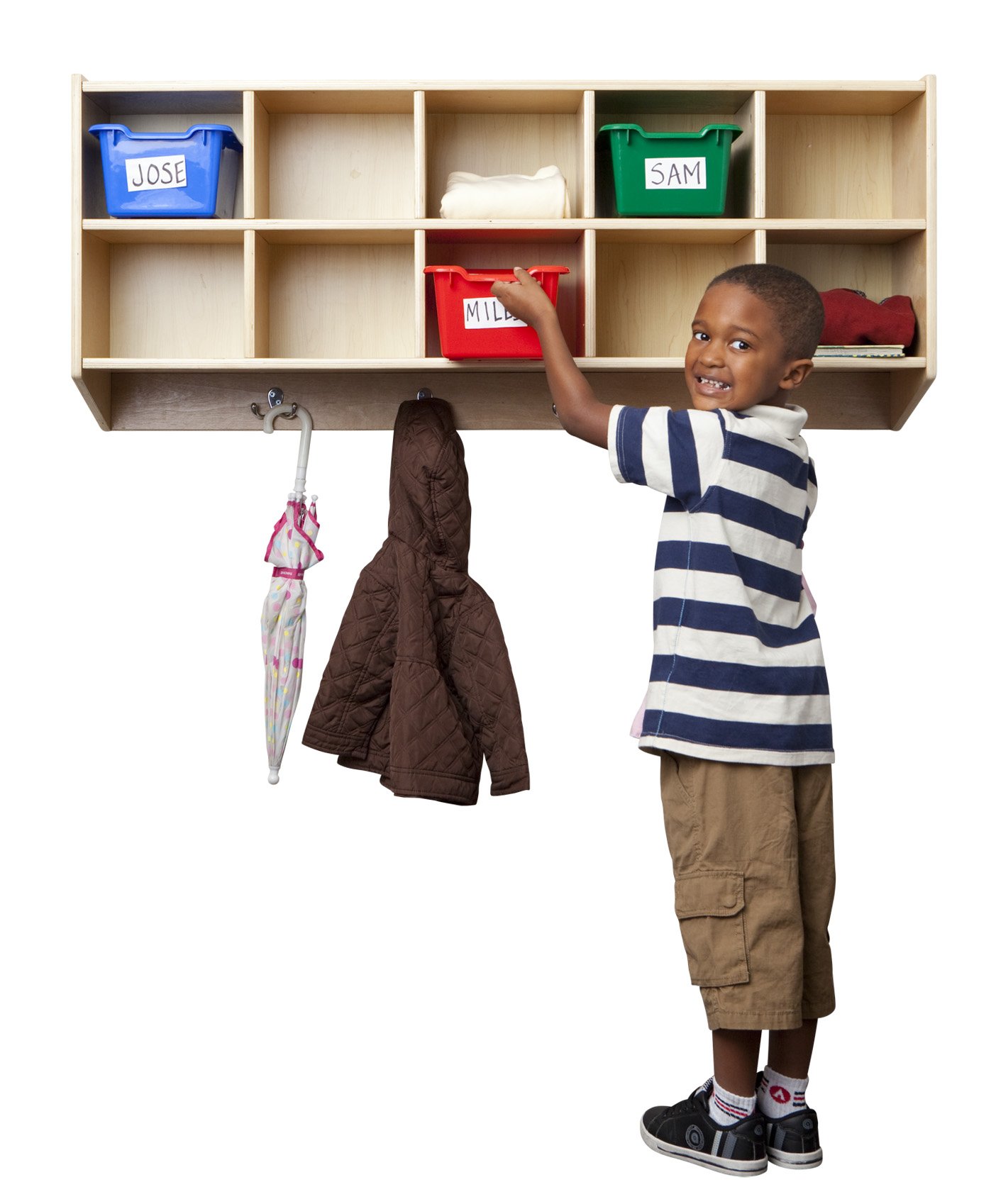 ECR4Kids 10-Section Hanging Coat Locker with Scoop Front Storage Bins - Natural Sand Color Cubby Organizer for School, Daycare & Home Entryway Storage Solutions