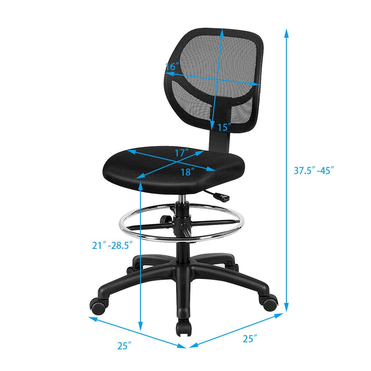 Giantex Mesh Drafting Chair with Footrest Ring - Adjustable Height Mid Back Office Chair for Standing Desk, Home & Office Use - Black - Perfect for Architects, Designers & Long Work Hours