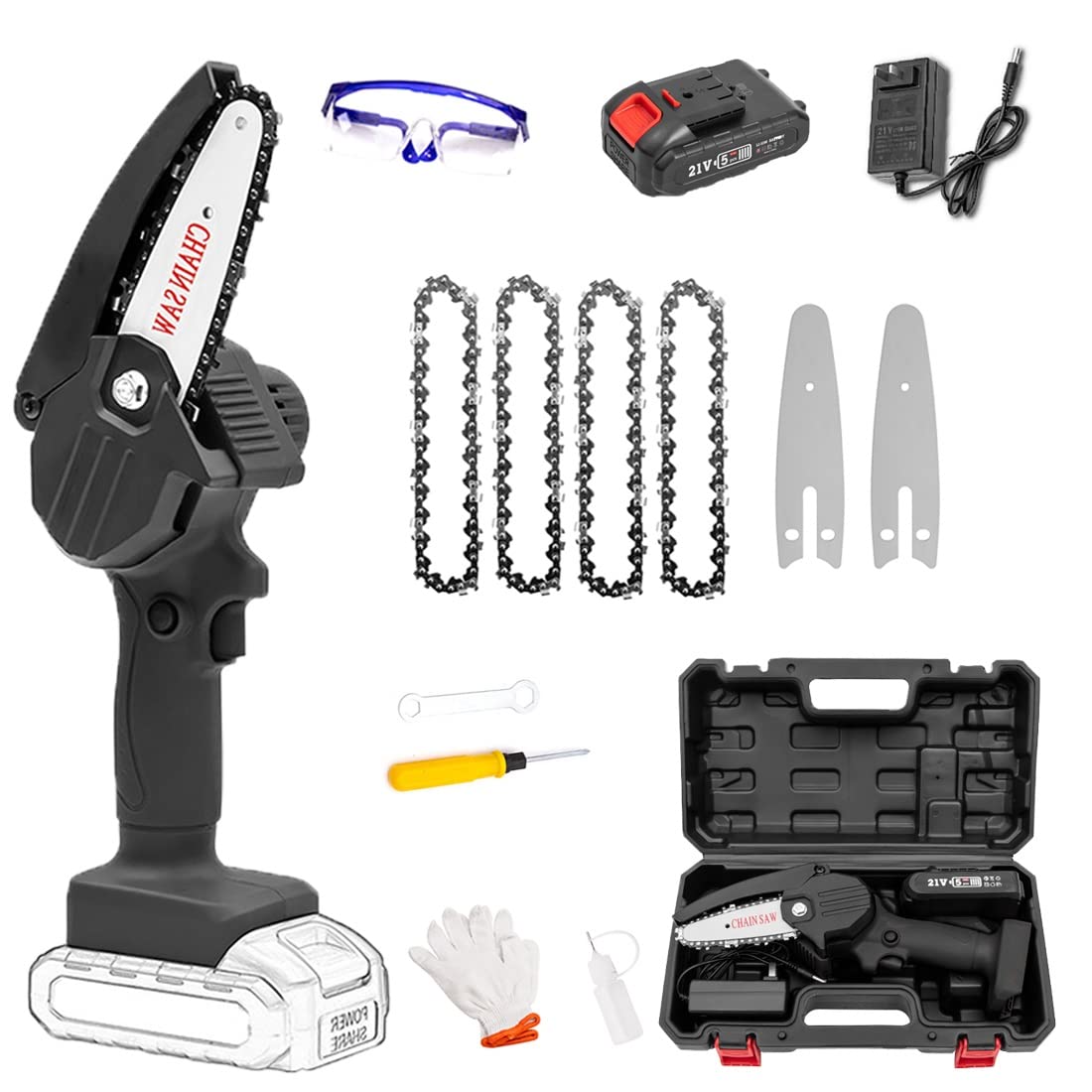 4 Inch Cordless Mini Chainsaw with Battery & LED Lights - Portable Electric Chain Saw for Gardening, Wood Cutting, Tree Pruning & Outdoor Camping - Includes Fast Charger & Safety Lock