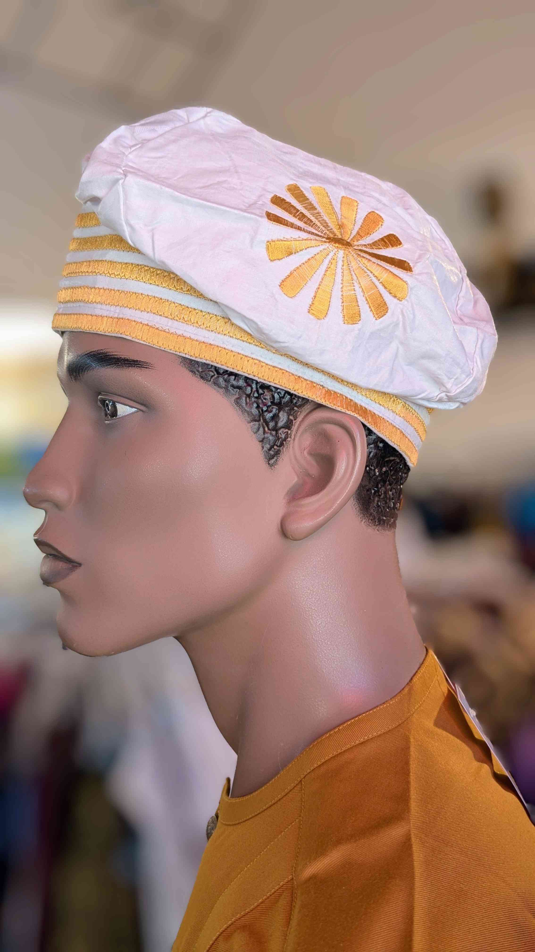 Elegant White Brocade African Kufi Hat with Gold Embroidery - Traditional Nigerian Cap for Men - Perfect for Weddings, Cultural Events & Special Occasions