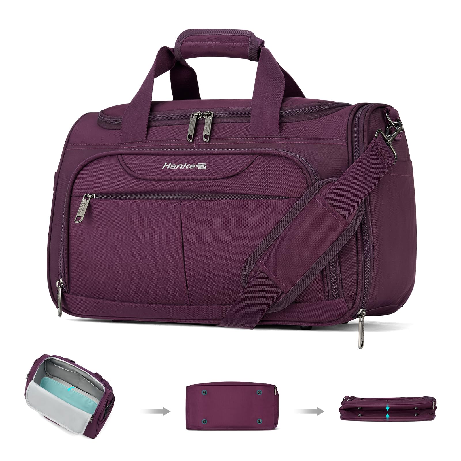 Hanke Foldable Underseat Carry-On Luggage Bag for Women & Men - Lightweight Softside Travel Tote Bag - Perfect Personal Item for Flights, Crew & Overnight Trips (Purple) | Ideal for Business Travel, Weekend Getaways & Airplane Cabin Storage