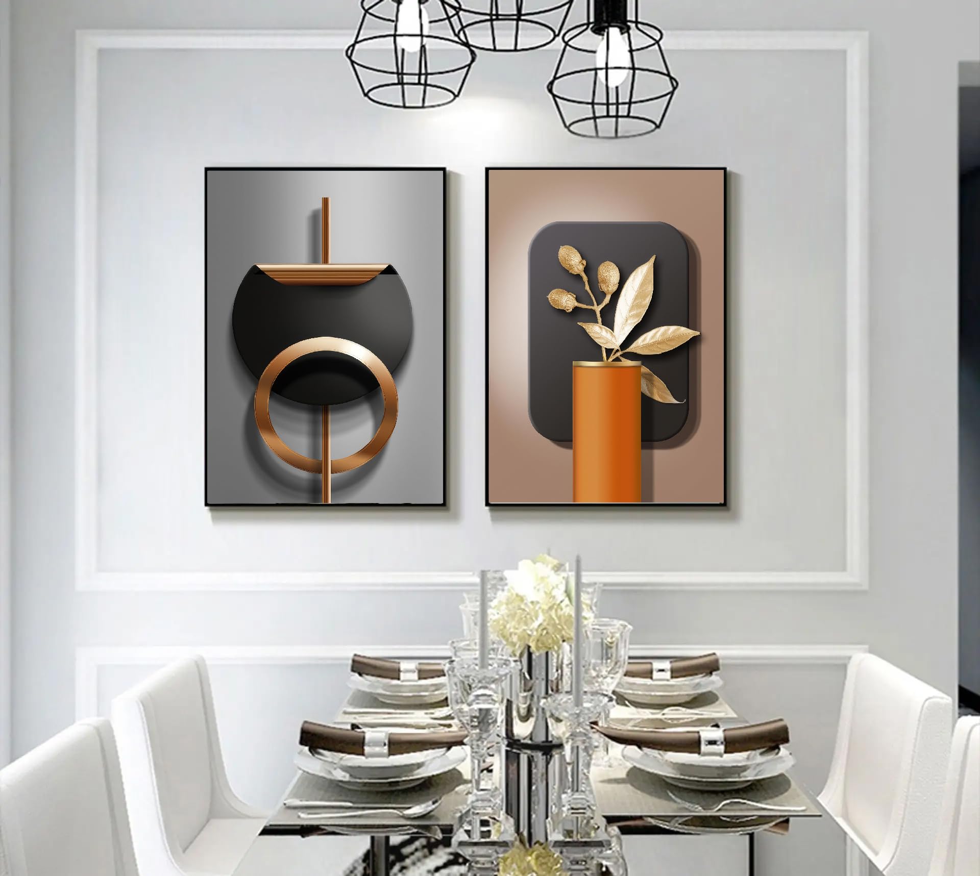 2-Piece 3D Geometric Abstract Wall Art - Black Copper Canvas Prints with Stereoscopic Effect, Nordic Luxury Home Decor for Living Room & Bedroom | Modern Black Gold Gray Artwork for Contemporary Spaces