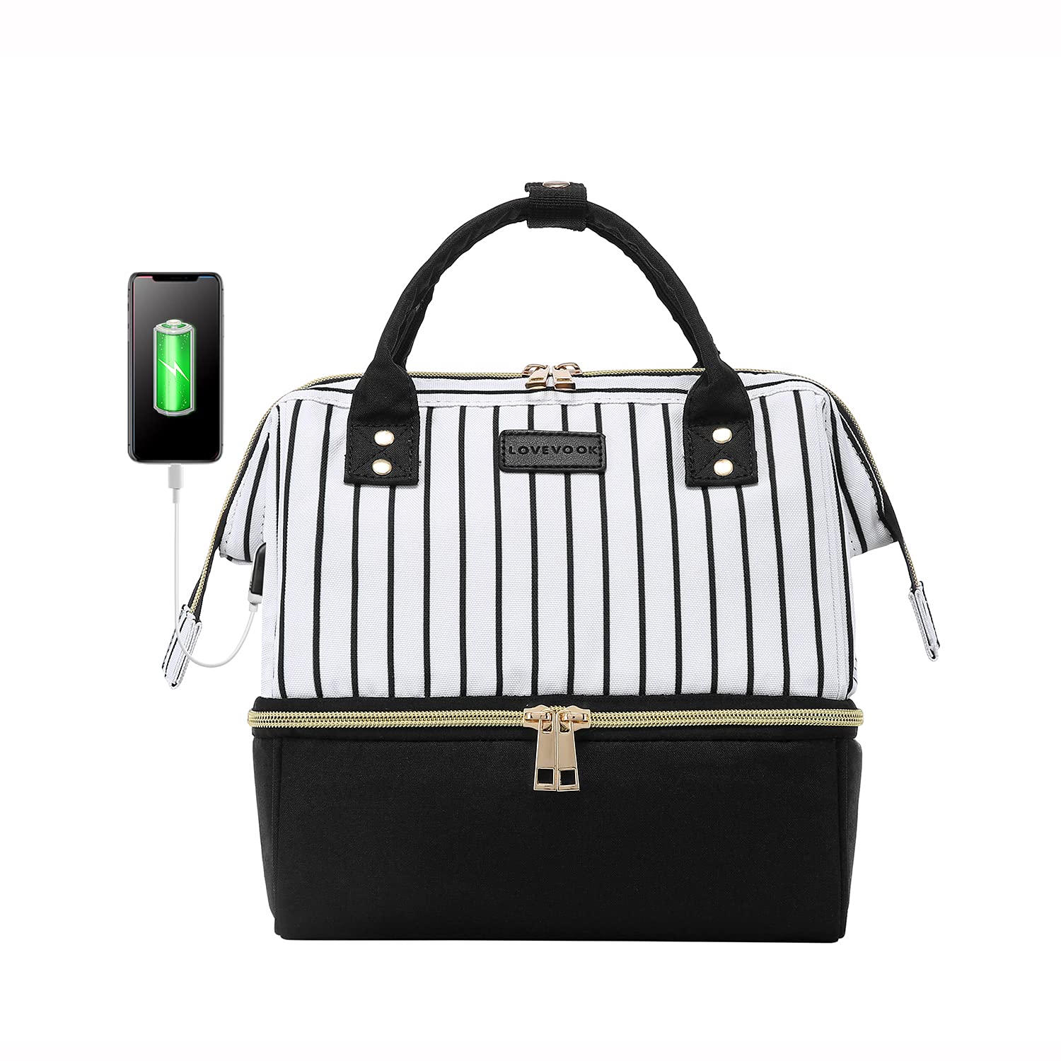Insulated Lunch Bag for Women - Reusable Cooler Tote with Removable Shoulder Strap, Wide Opening Lunch Box Organizer (Black Stripe) - Perfect for Work, School, Picnics & Outdoor Activities