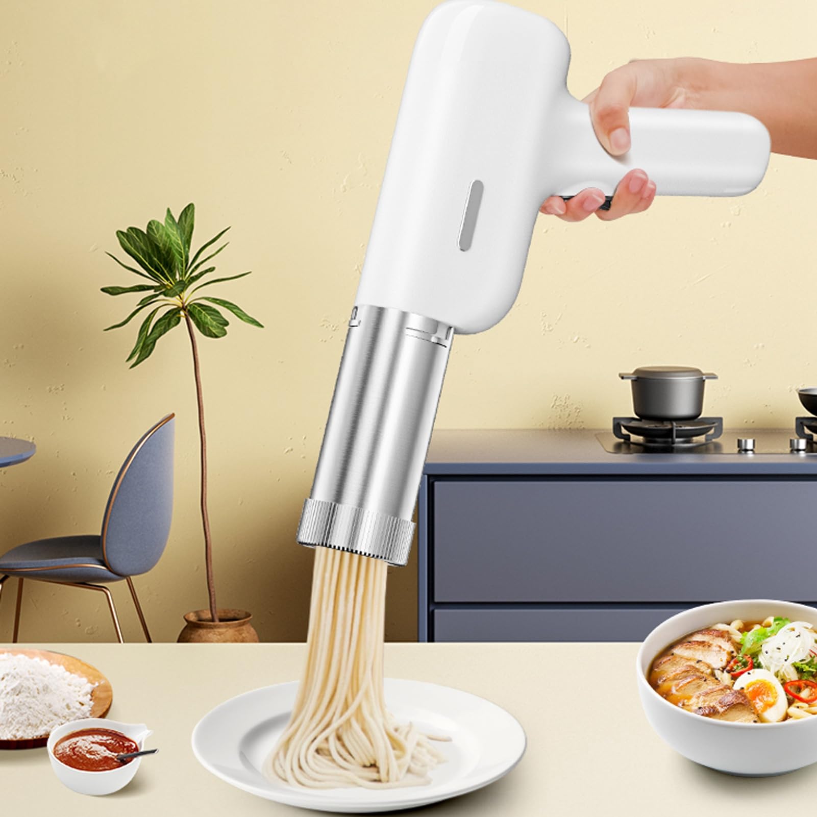 Rechargeable Handheld Noodle Maker - Automatic Pasta Machine for Home Kitchen | Multifunctional Dough Press for Spaghetti, Fettuccine & More | Perfect for Quick Meals, Meal Prep & Italian Cooking