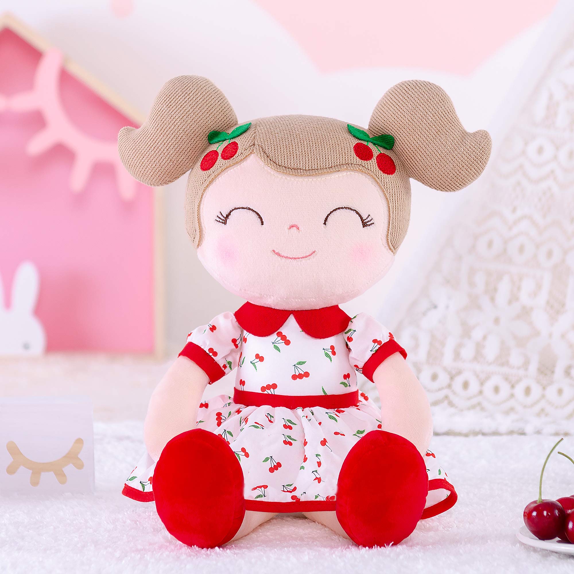 Gloveleya 14-inch Soft Plush Baby Doll for Girls - Cherry Red Stuffed Toy with Gift Box | Perfect Birthday Gift, Christmas Present & Nursery Decor