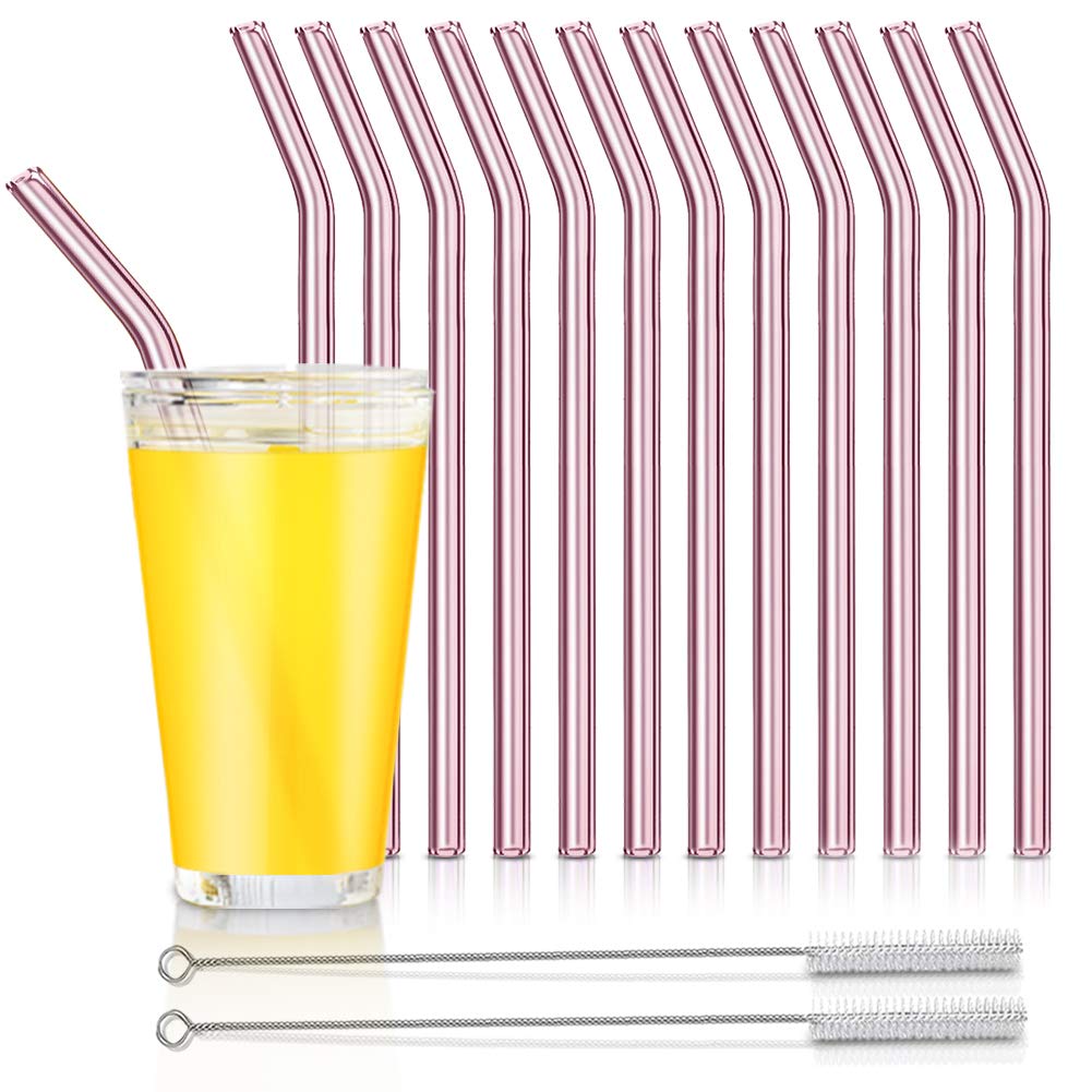 Eco-Friendly Reusable Glass Straws - 12 Pack Bent Drinking Straws with 2 Cleaning Brushes for Smoothies, Milkshakes, Juice & Cocktails | BPA-Free, Dishwasher Safe | Perfect for Home, Office, Parties & Travel (Pink)