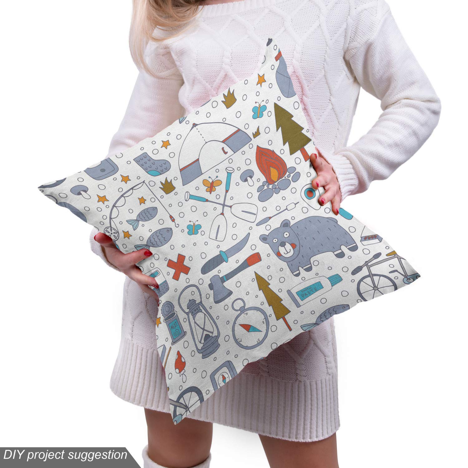 Lunarable Camping Fabric by The Yard - Cartoon Bear Tent & Compass Outdoor Hobby Print for DIY Upholstery, Home Decor (10 Yards, Vermilion Bluegrey) - Perfect for Backpacking Gear, Picnic Blankets & Nursery Curtains