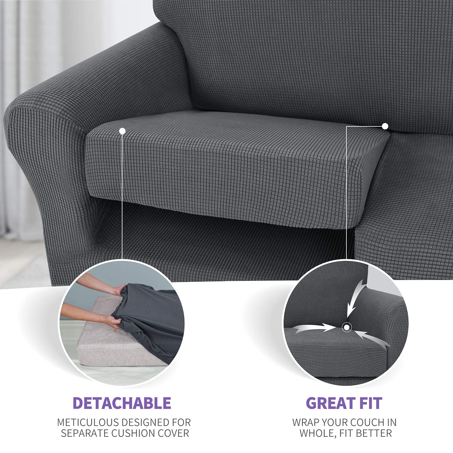 ZNSAYOTX 4-Piece Stretchable Jacquard Sofa Slipcovers - Dark Grey Couch Covers for 3-Cushion Couches, Machine Washable Furniture Protector for Living Room, Home Decor & Pet Protection