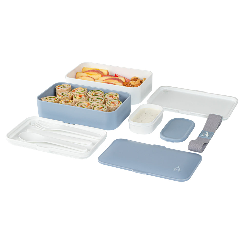 Bento Tek 41 oz Blue & White Buddha Box - All-in-One Lunch Container with Utensils & Sauce Cup (7.25