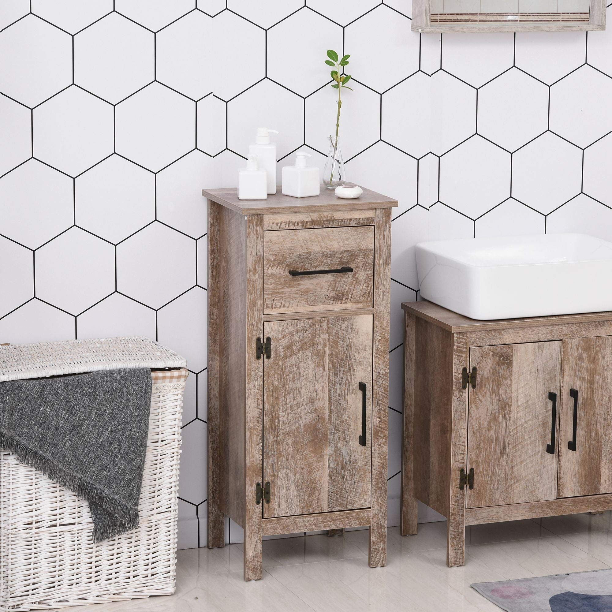 Modern Bathroom Floor Cabinet with Drawer & Adjustable Shelf - Barnwood Yellow Storage Cupboard for Bathroom, Entryway or Living Room - Perfect for Organizing Towels, Toiletries & Home Decor