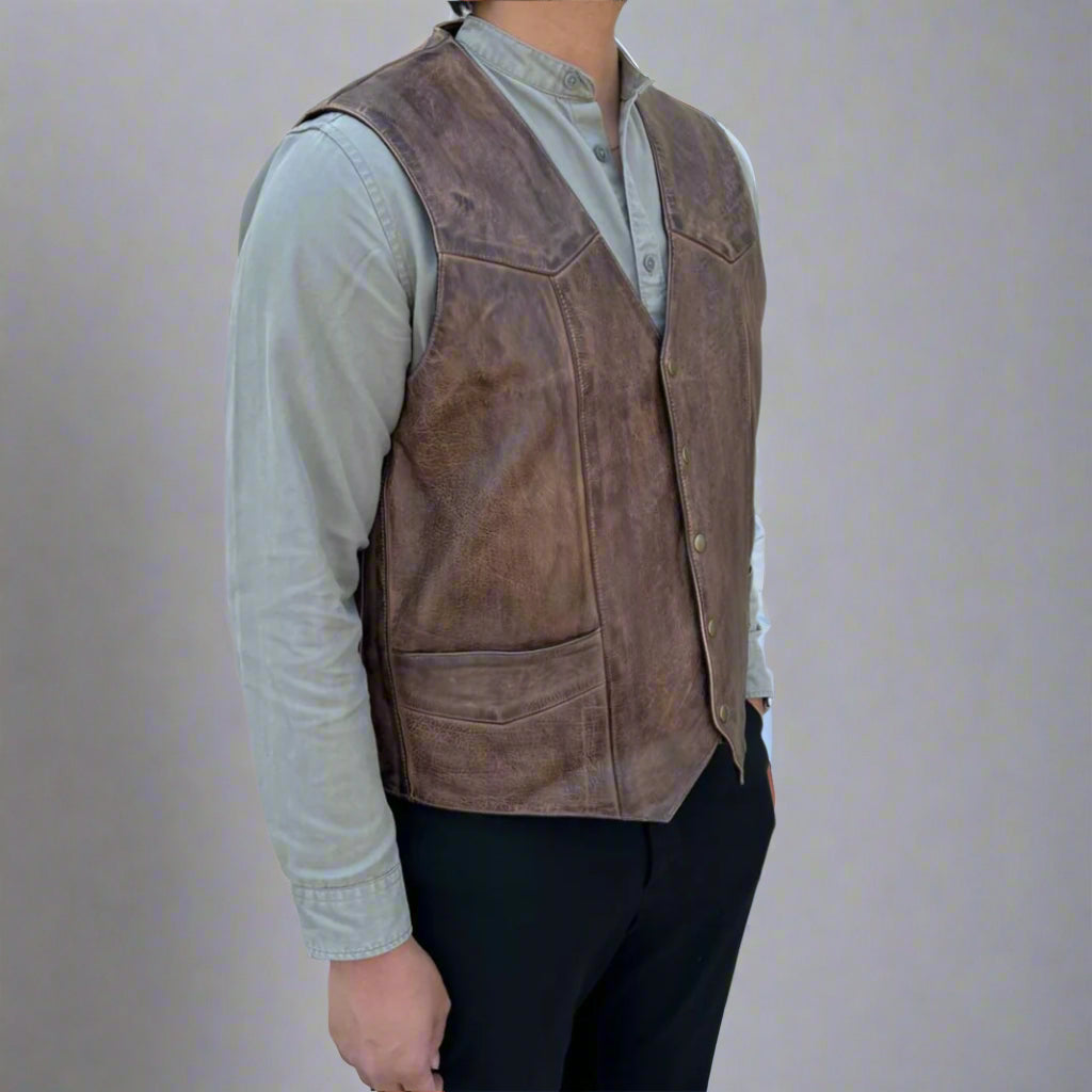 Men's Cow Leather Vest - Classic Snap Closure & Front Pockets for Motorcycle Riding, Outdoor Adventures & Casual Wear