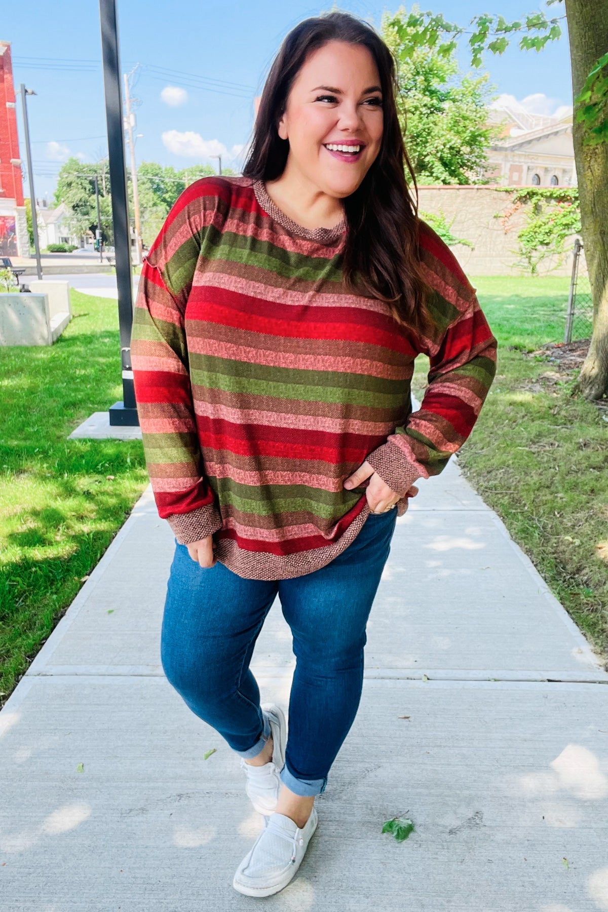 Stylish Olive & Mauve Striped Two-Tone Banded Sweater Top for Women | Casual Fall Fashion | Perfect for Office Wear & Weekend Outfits