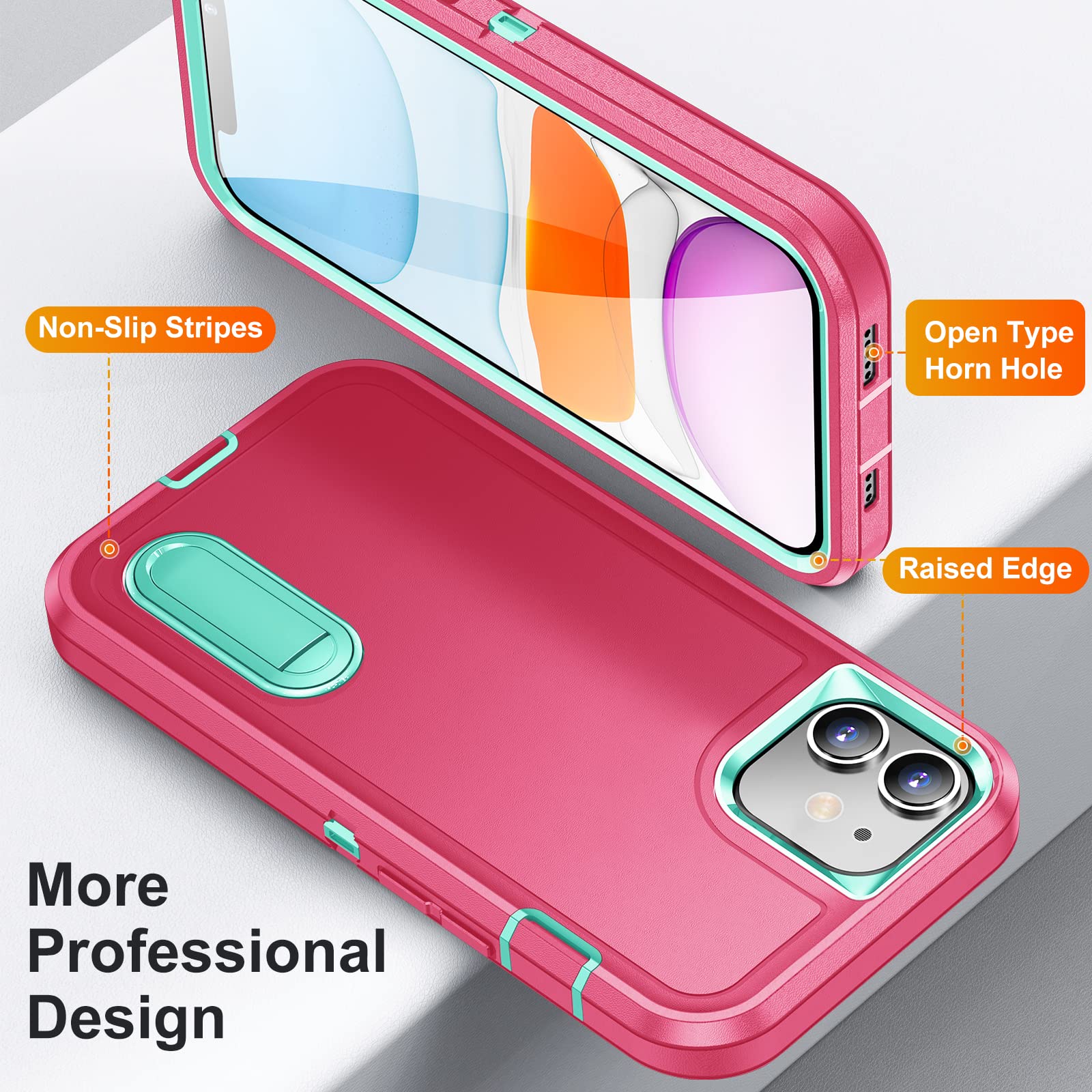 BaHaHoues Shockproof Military Grade iPhone 11 Case with Built-in Kickstand | Drop-Proof Protective Cover for iPhone 11 6.1 Inch (Pink/Aqua Blue) | Perfect for Outdoor Activities, Travel & Daily Protection