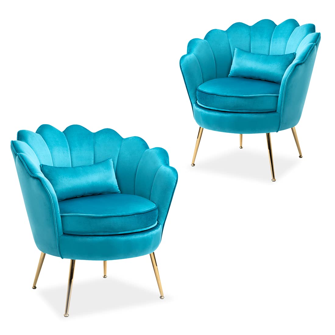 2 Modern Velvet Accent Chairs with Golden Metal Legs - Living Room, Bedroom & Makeup Chair Set - Soft Azure Blue Upholstery - Perfect for Home Decor, Guest Seating & Vanity Areas
