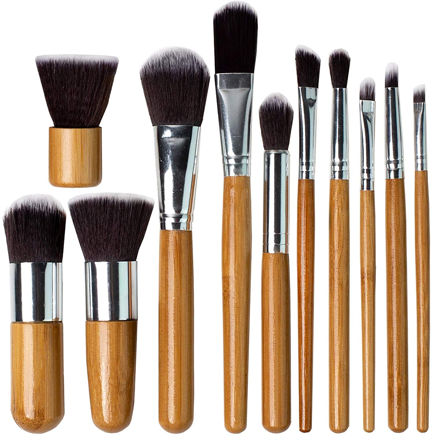 Kamz Beauty Professional 11-Piece Kabuki Makeup Brush Set with Wooden Handles - Foundation, Powder, Cream & Bronzer Brush Kit for Contouring & Concealing - Perfect for Travel & Professional Makeup Application