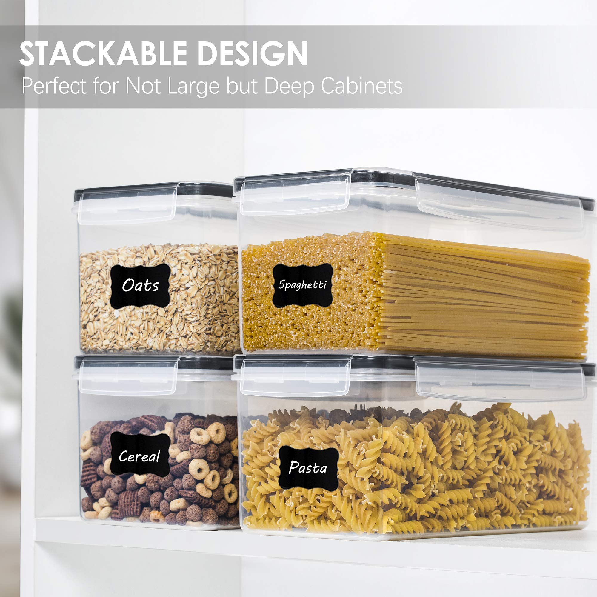 Vtopmart 4-Piece 3.2L Airtight Food Storage Containers with Lids & 4-Piece 1.9L BPA-Free Plastic Pasta Containers - Kitchen Organization for Dry Goods, Flour, Sugar, Rice, Cereal, Spaghetti Storage - Space Saving Stackable Design for Pantry, Cabinet, Fridge