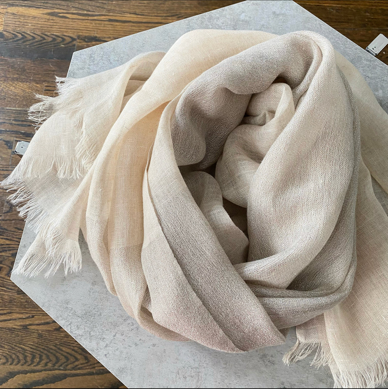 Brunello Cucinelli Natural Linen Shimmer Shawl Scarf - Lightweight Woven Wrap for Women, Elegant Evening Wear & Boho Chic Accessory