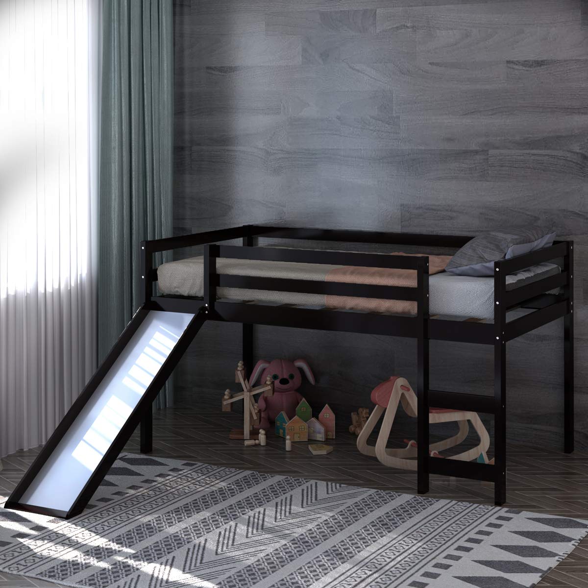 Costzon Twin Loft Bunk Bed with Slide - Solid Wood Kids Bunk Bed Frame with Built-in Ladder, Safety Guard Rail & Storage Space - Low Profile Bunk Bed for Boys & Girls Bedroom (Espresso) - Perfect for Small Spaces, Kids' Rooms, Sleepovers & Space-Saving Solutions