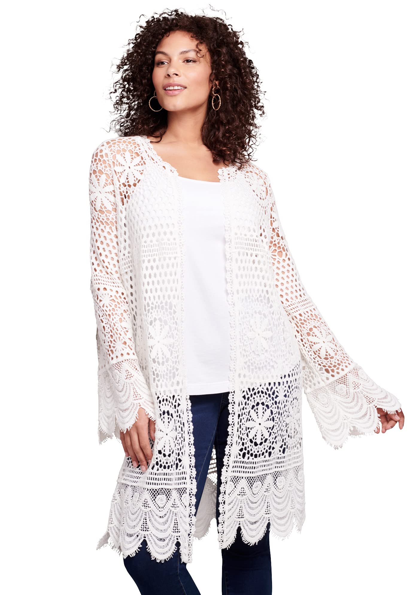 Romantic Plus Size Floral Lace Crochet Duster Cardigan for Women | Boho Chic Cover-Up for Beach, Wedding & Special Occasions