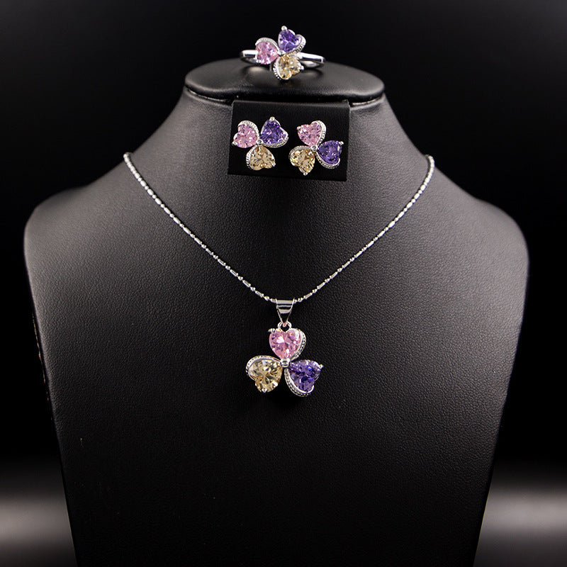 Clover Zircon Diamond Jewelry Set for Women - Elegant Necklace, Earrings & Bracelet Gift Set - Perfect for Weddings, Parties & Special Occasions