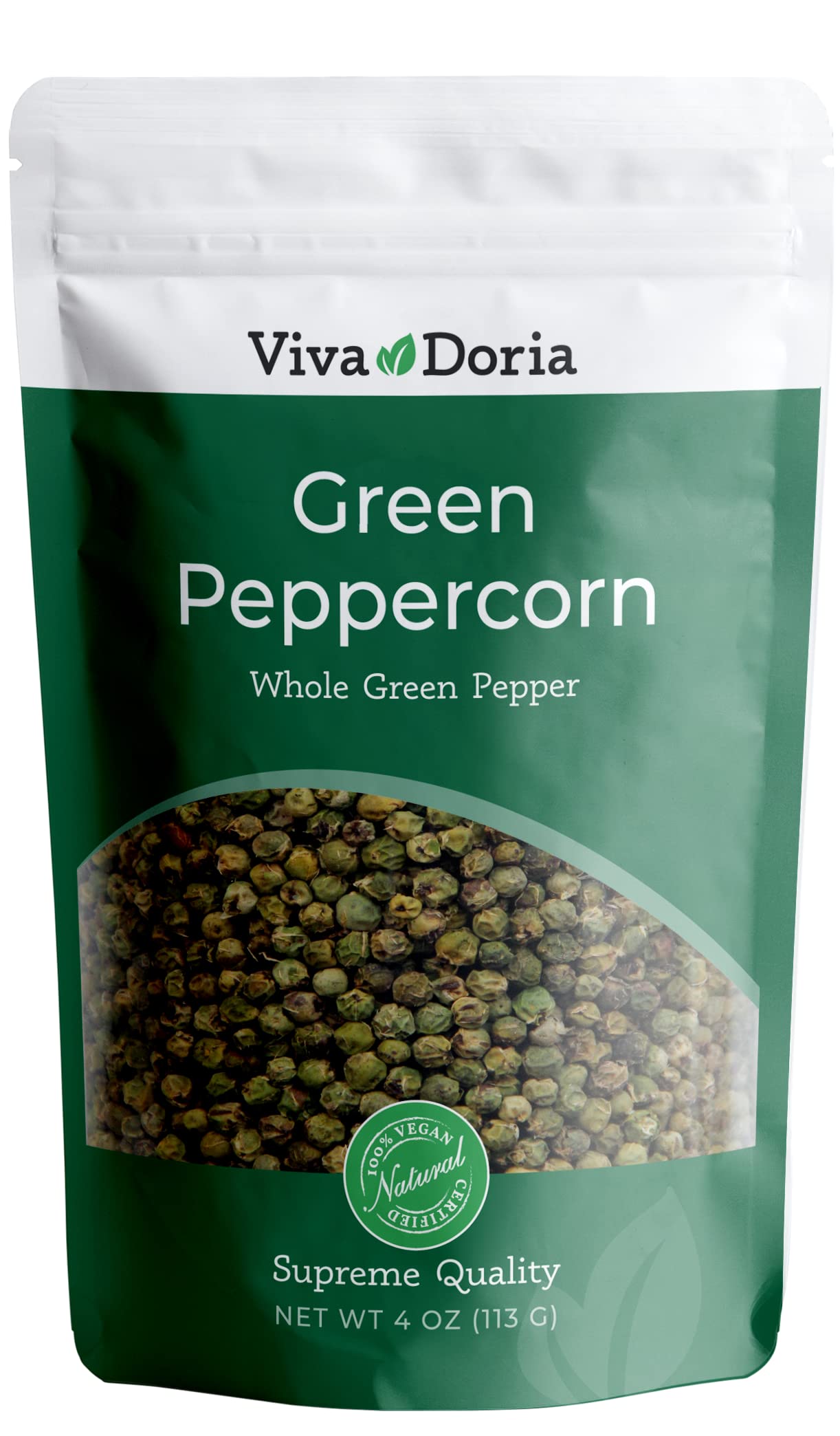 Viva Doria Whole Green Peppercorns - Steam Sterilized Premium Quality - 4 oz (85g) Grinder Refill - Perfect for Steaks, Salads & Gourmet Cooking