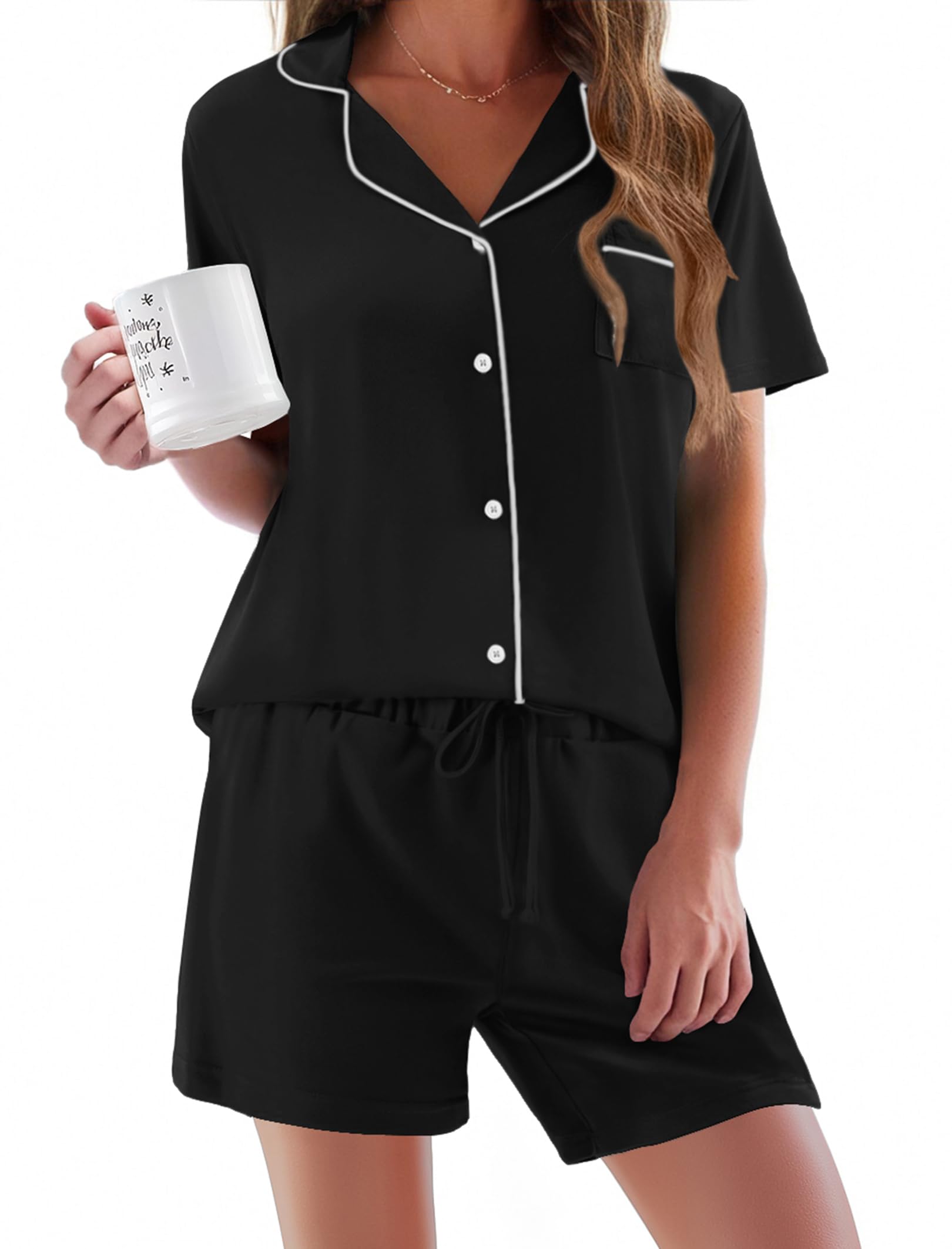 Ekouaer Women's Soft Short Sleeve Pajama Set - 2 Piece Button Down Sleepwear & Lounge Outfit for Comfortable Nightwear, Relaxing at Home, and Gift Giving