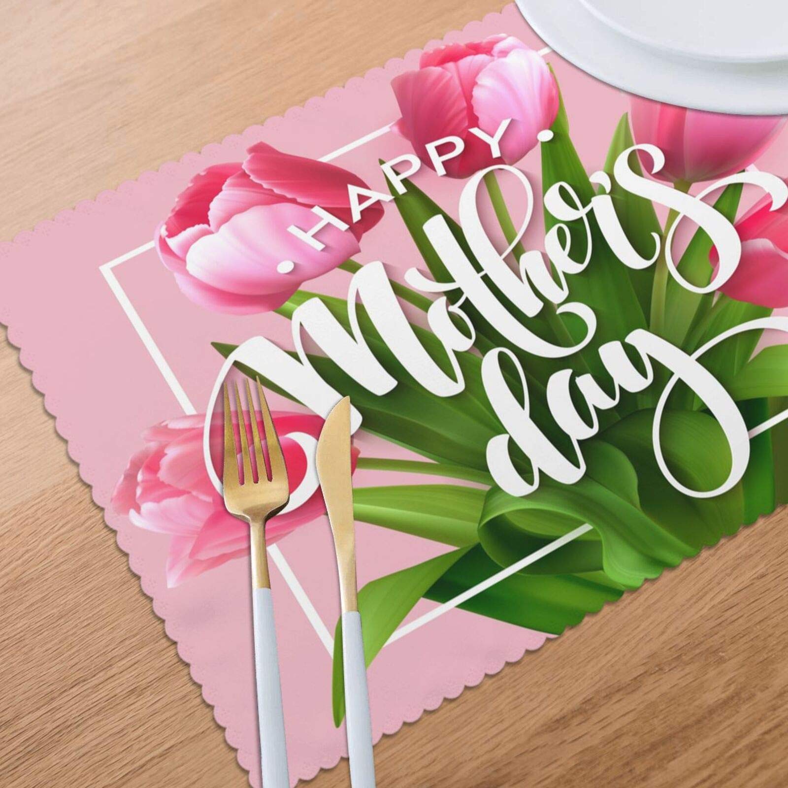 **4-Pack Pink Tulip Placemats – 12 x 18 Inch Washable & Heat-Resistant Table Mats for Kitchen, Dining, and Home Decor – Perfect for Mother’s Day Gifts & Everyday Use**