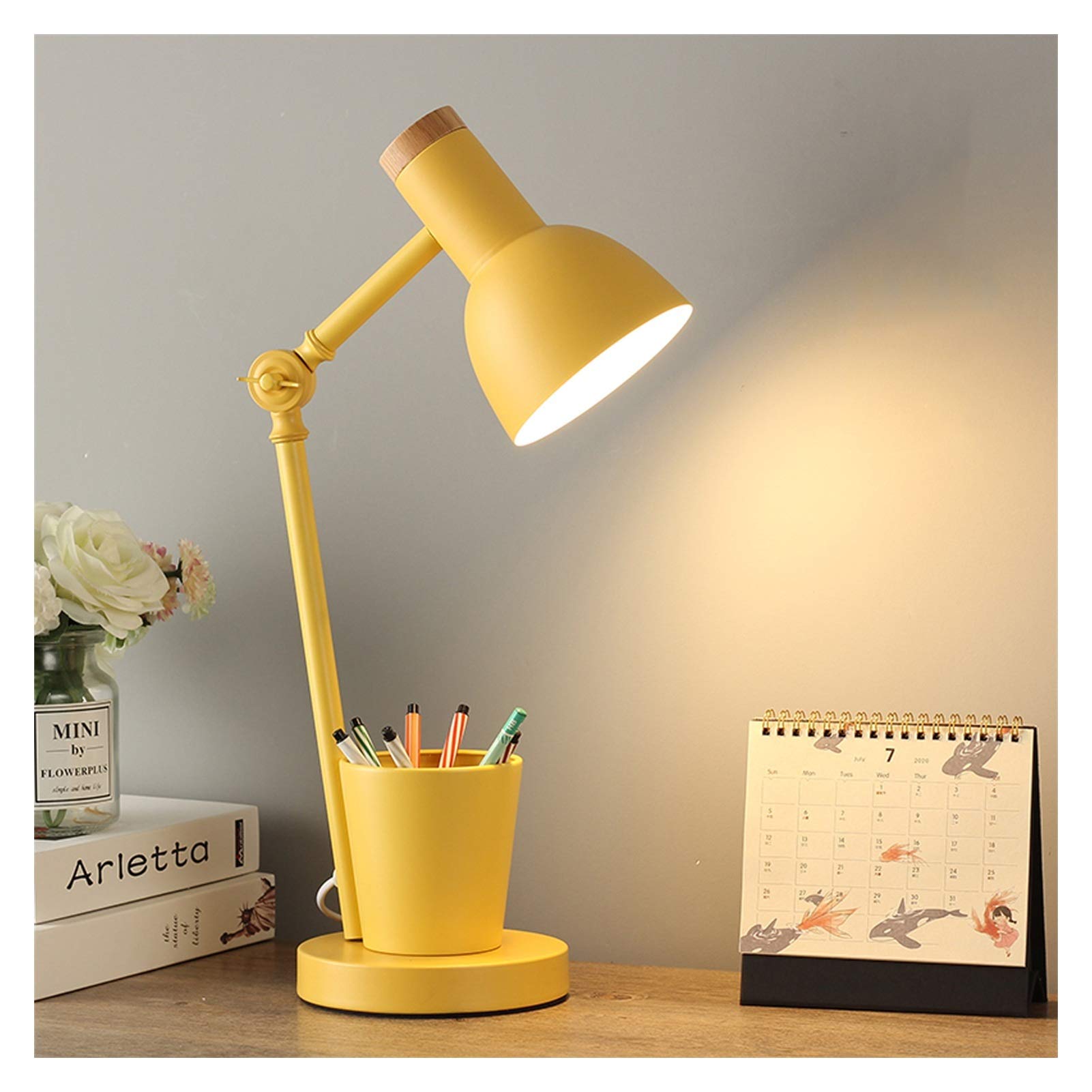 TOMYEUS 9W Eye Protection Desk Lamp with USB Plug - Adjustable Warm Light Bedside Table Lamp for Reading, Studying & Office Work, 5 Color Modes (Yellow) - Perfect for Dorm Rooms, Home Office & Nightstand Use