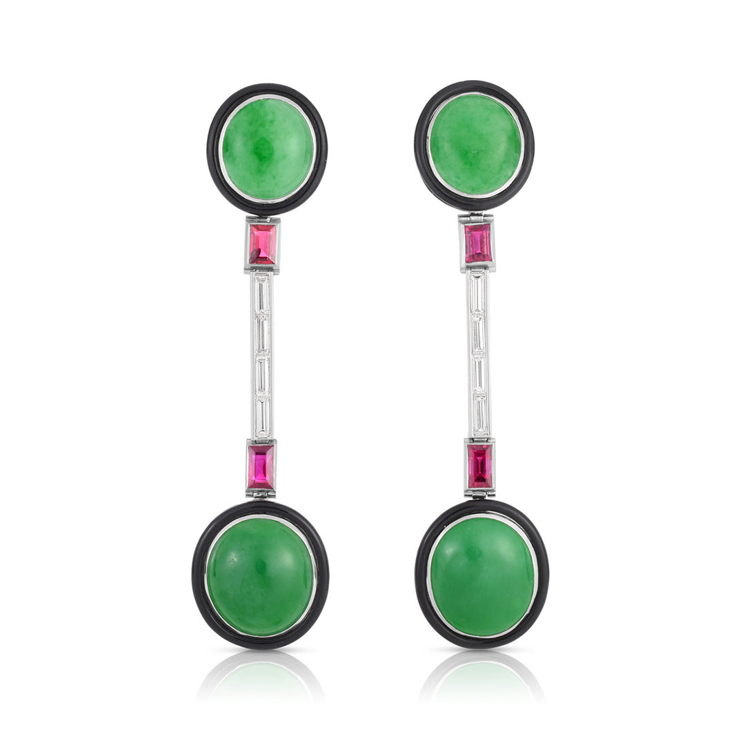 Exquisite Art Deco Round Jade, Diamond & Ruby Earrings for Women - Vintage Inspired Jewelry for Weddings, Parties & Special Occasions