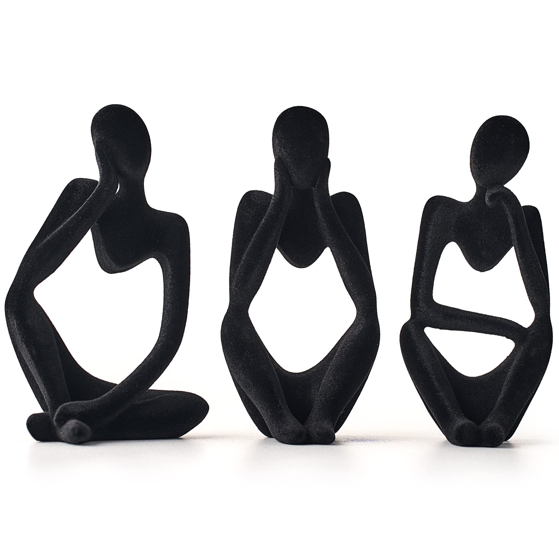 Flocked Thinker Statue - Set of 3 Black Abstract Art Sculptures for Home & Office Decor | Living Room Shelf, Table & Workspace Decoration | Modern Minimalist Statue Collection
