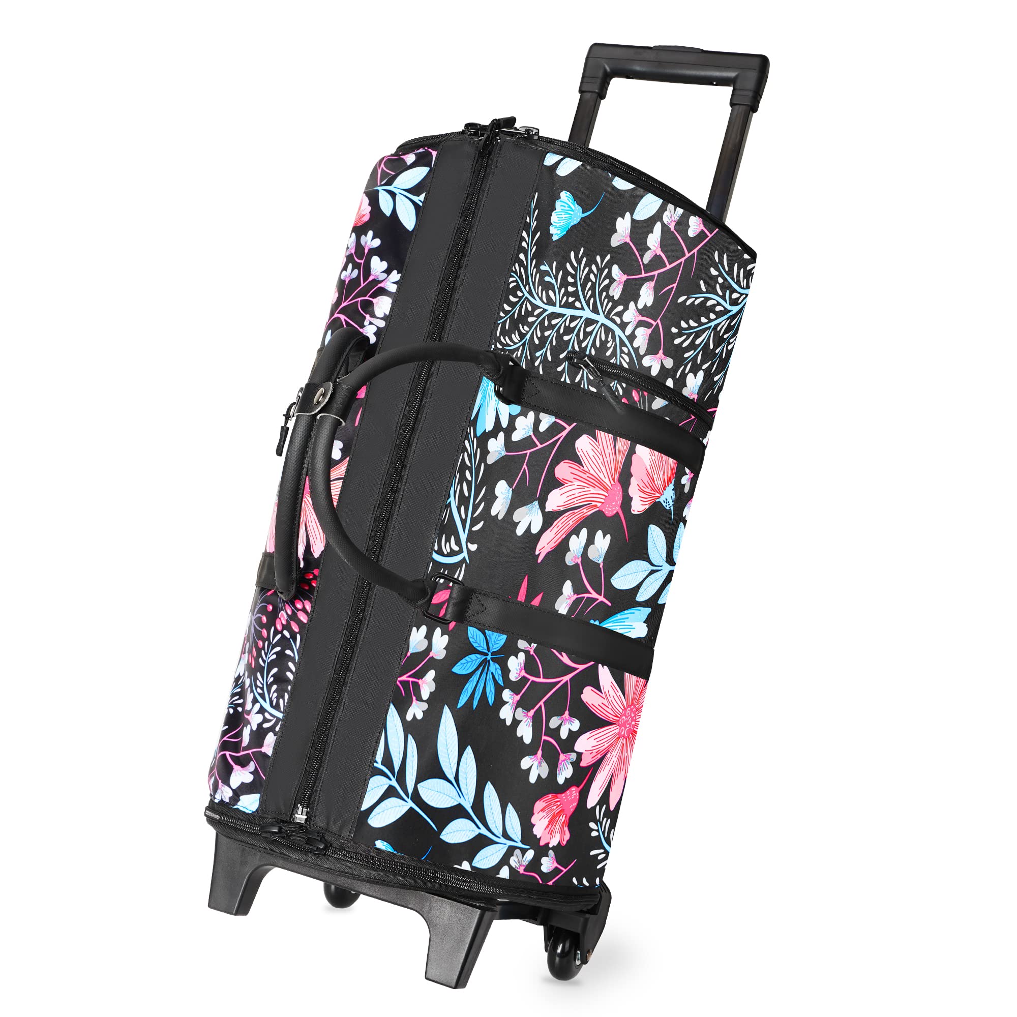 Durable Rolling Garment Bag for Women with Shoe Compartment - Travel Luggage with Wheels for Overnight Trips & Weekends - Floral Design Trolley Suitcase | Perfect for Business Travel, Vacation & Daughter's School Trips