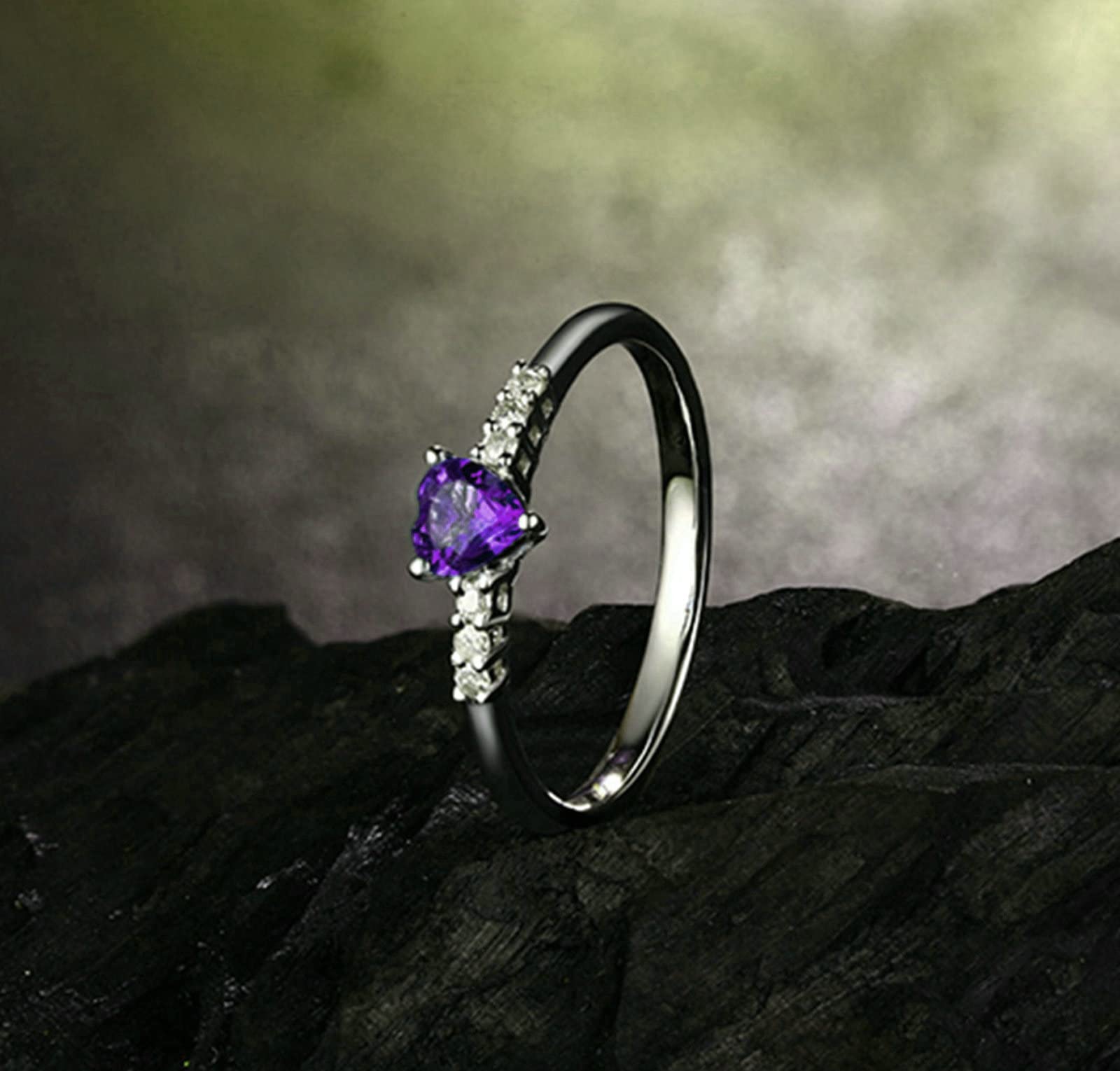 Elegant Aienid Sterling Silver Rings for Women - Heart Shaped Amethyst & Cubic Zirconia Engagement Ring | Perfect for Valentine's Day, Anniversary Gifts & Romantic Proposals