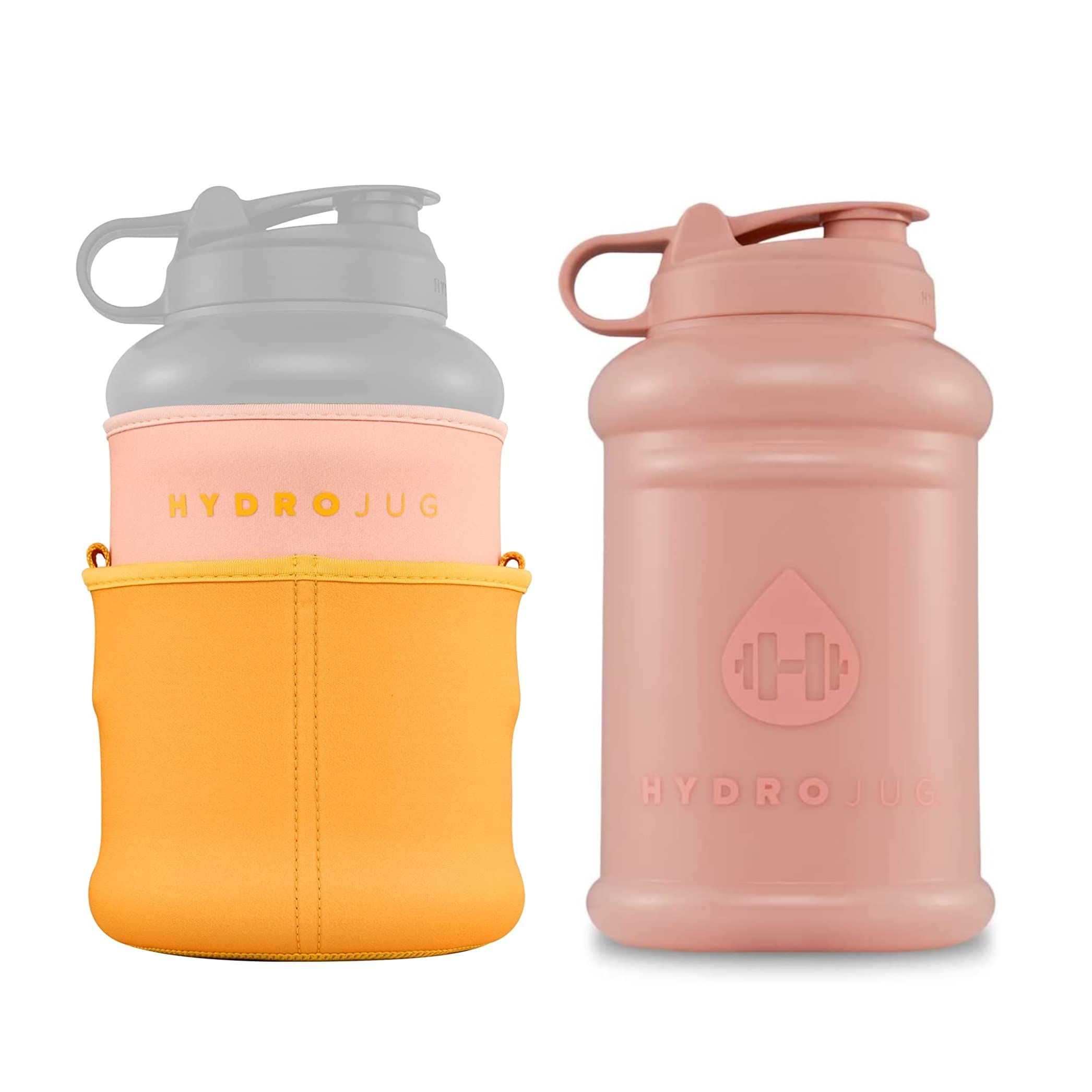 HydroJug 64oz Half Gallon Water Bottle with Handle - BPA Free, Reusable & Durable - Includes Premium Neoprene Insulating Sleeve with Shoulder Strap (Nude/Blush/Mustard) - Perfect for Gym, Hiking, Office & Outdoor Activities