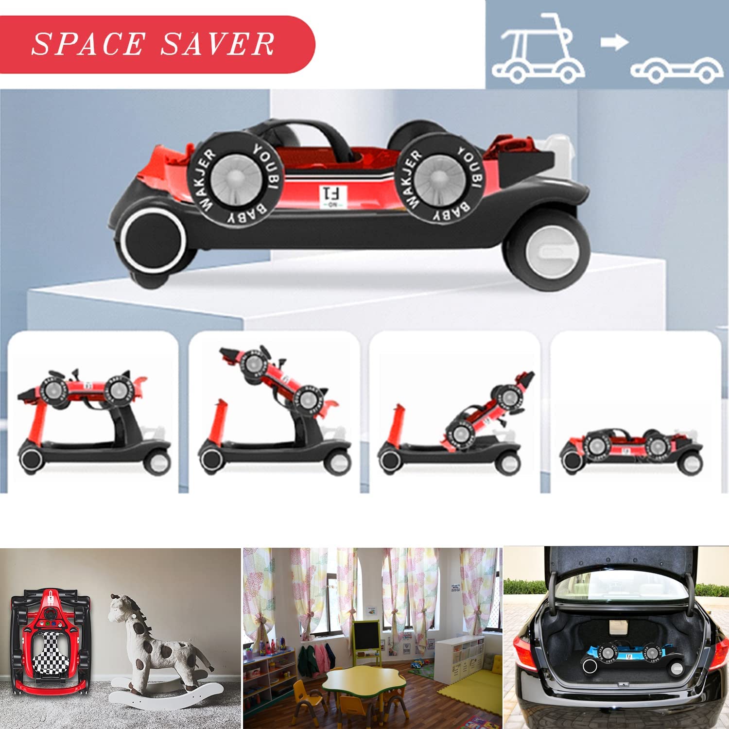 4-in-1 Foldable Baby Walker with Adjustable Height & Speed | Interactive Activity Walker with Music, Lights & Steering Wheel | Safe Push Walker Toy for Boys & Girls 6-18 Months (Red) | Perfect for Learning to Walk & Indoor Playtime