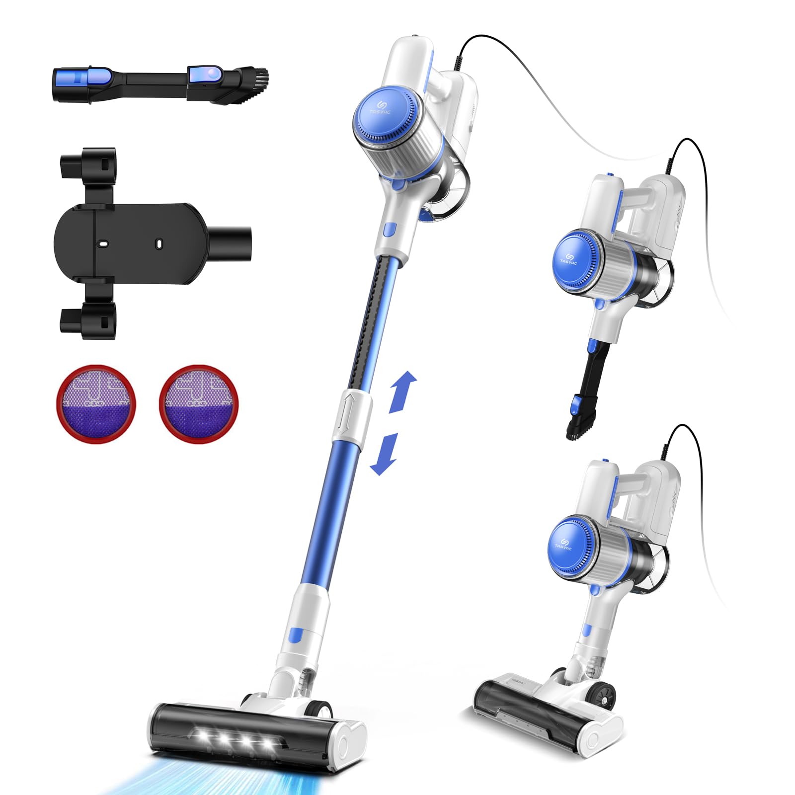 TASVAC 600W Powerful Stick Vacuum Cleaner with 26KPa Suction, LED Floor Head & Lightweight Design - Ideal for Carpets, Hard Floors & Pet Hair (White/Blue) | Perfect for Home Cleaning, Car Detailing & Pet Owners
