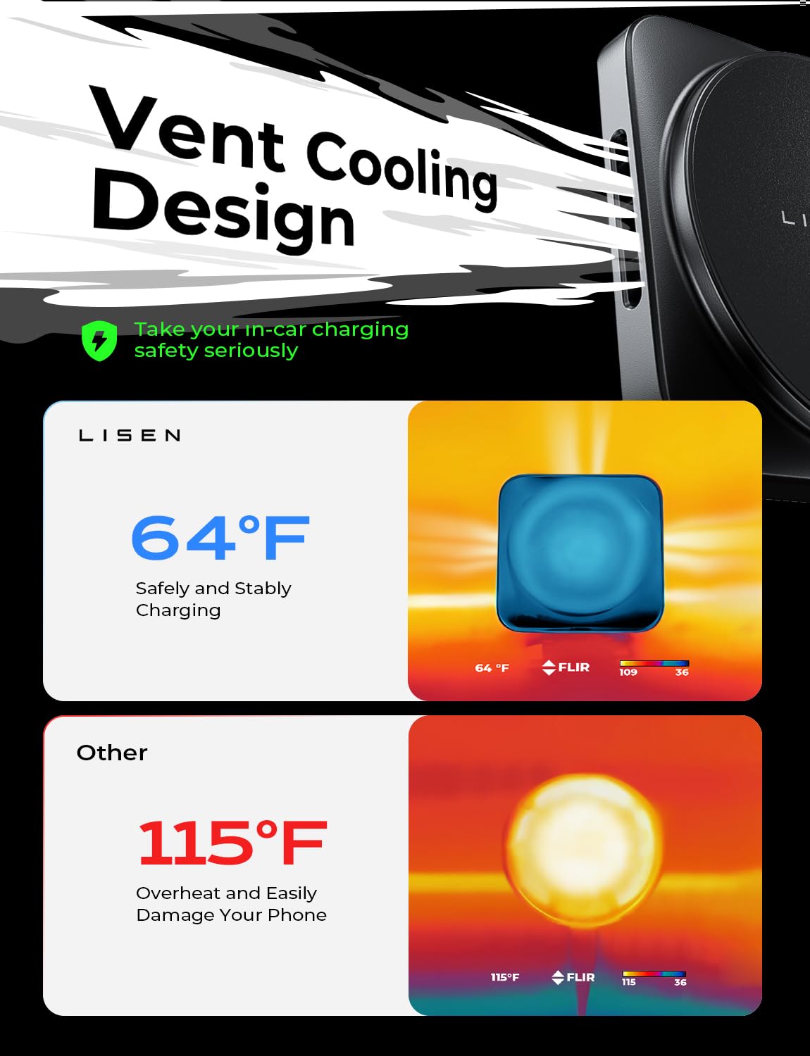 LISEN 15W Magnetic Wireless Car Charger for iPhone 16 Pro Max - Magsafe Car Mount Charger with Air Vent & Dashboard Phone Holder - Compatible with iPhone 15/14/13/12 (Black) | Perfect for Safe Hands-Free Charging While Driving
