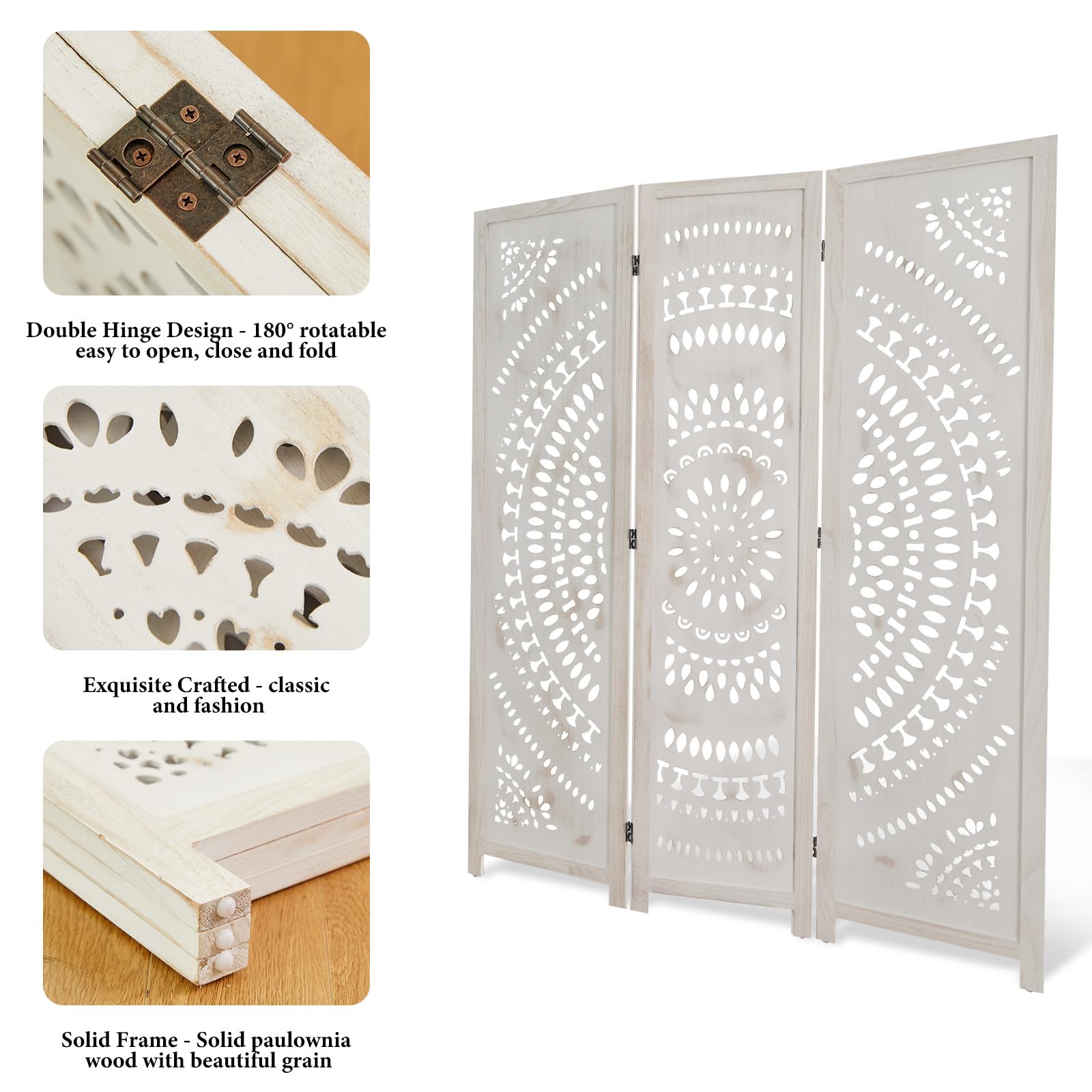 Handcrafted Wooden Room Divider Screen - 3 Panel Folding Partition with Bohemian Carvings for Home, Office, Garden & Terrace (Antique White Finish) | Perfect for Creating Privacy Spaces, Room Separation & Decorative Accents