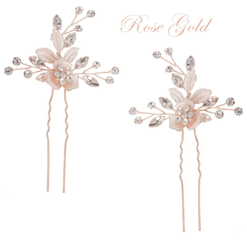 Rose Gold Bridal Hair Pins with Crystals - Wedding Hair Accessories for Brides, Bridesmaids & Prom - Elegant Crystal Hair Clips for Women & Girls (Style 7695) - Perfect for Weddings, Parties & Special Occasions