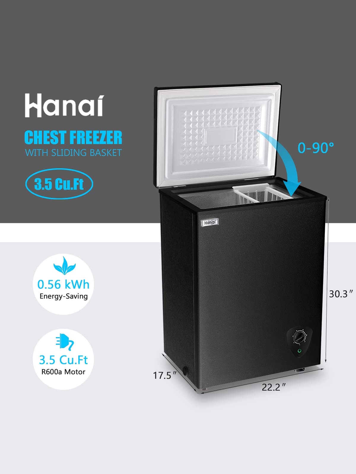3.5 Cu.Ft Compact Chest Freezer - Energy Efficient Deep Freezer with Adjustable Thermostat & Removable Basket - Perfect for Apartments, Kitchens & Small Spaces - Black Free-Standing Top Door Design