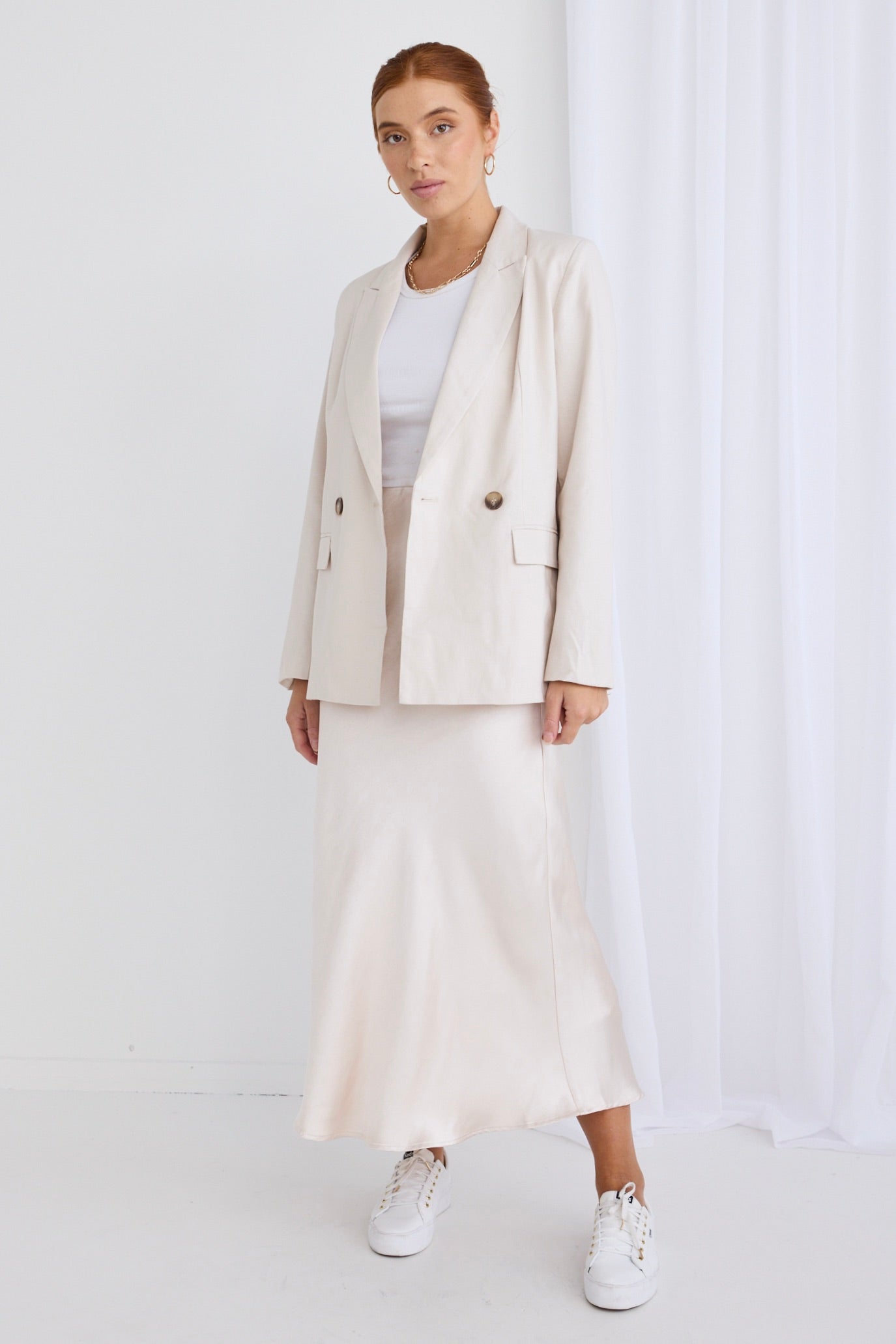 Cooper Ecru Linen Boyfriend Semi Fitted Blazer for Women - Casual Office Wear, Spring Summer Lightweight Jacket, Business Chic Outerwear for Dating & Work