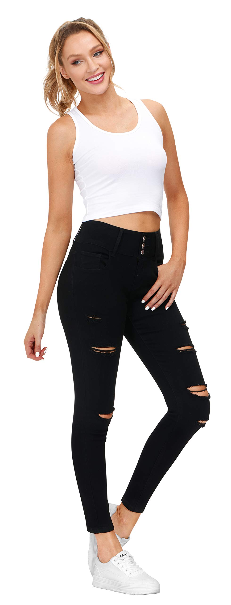 Women's High Waisted Butt Lift Stretch Ripped Skinny Jeans - Distressed Denim Pants for Juniors with Button Fly - Perfect for Casual Outfits, Date Nights & Street Style Fashion