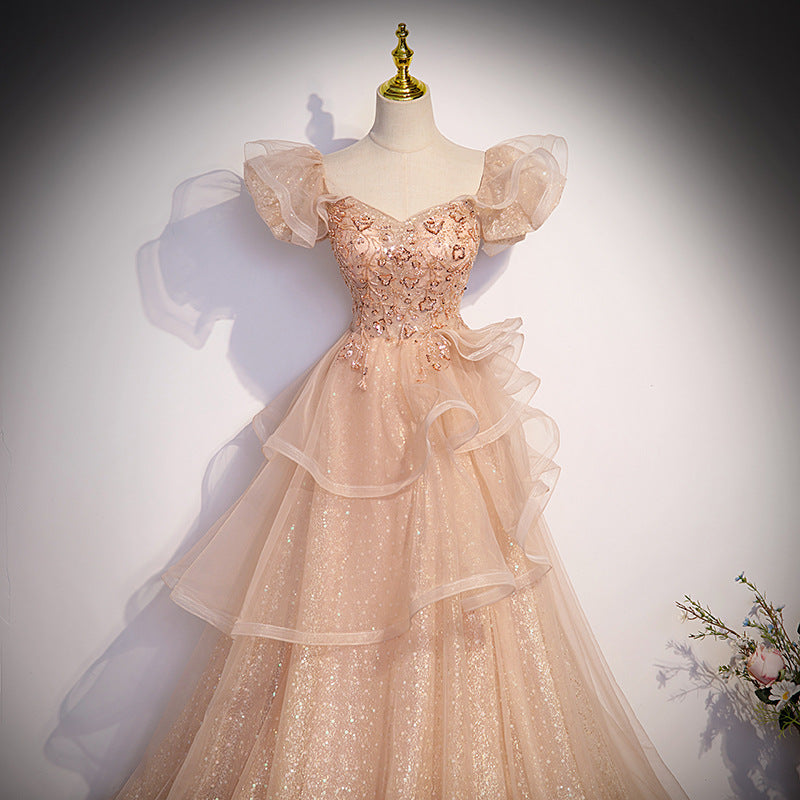 Elegant Off Shoulder Champagne Tulle Prom Dress - A-Line Sweetheart Birthday Party Gown for Women | Perfect for Homecoming, Quinceañera & Formal Events