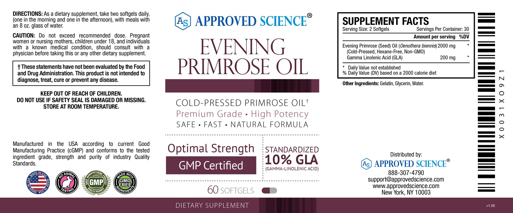 Approved Science Evening Primrose Oil 1300mg - Maximum Strength Cold Pressed Supplement with 10% GLA - Supports Hormonal Balance, Healthy Skin & Heart - 6 Month Supply (180 Softgels) - All Natural Non-GMO - Perfect for PMS Relief, Menopause Support & Anti-Aging Skincare Routine